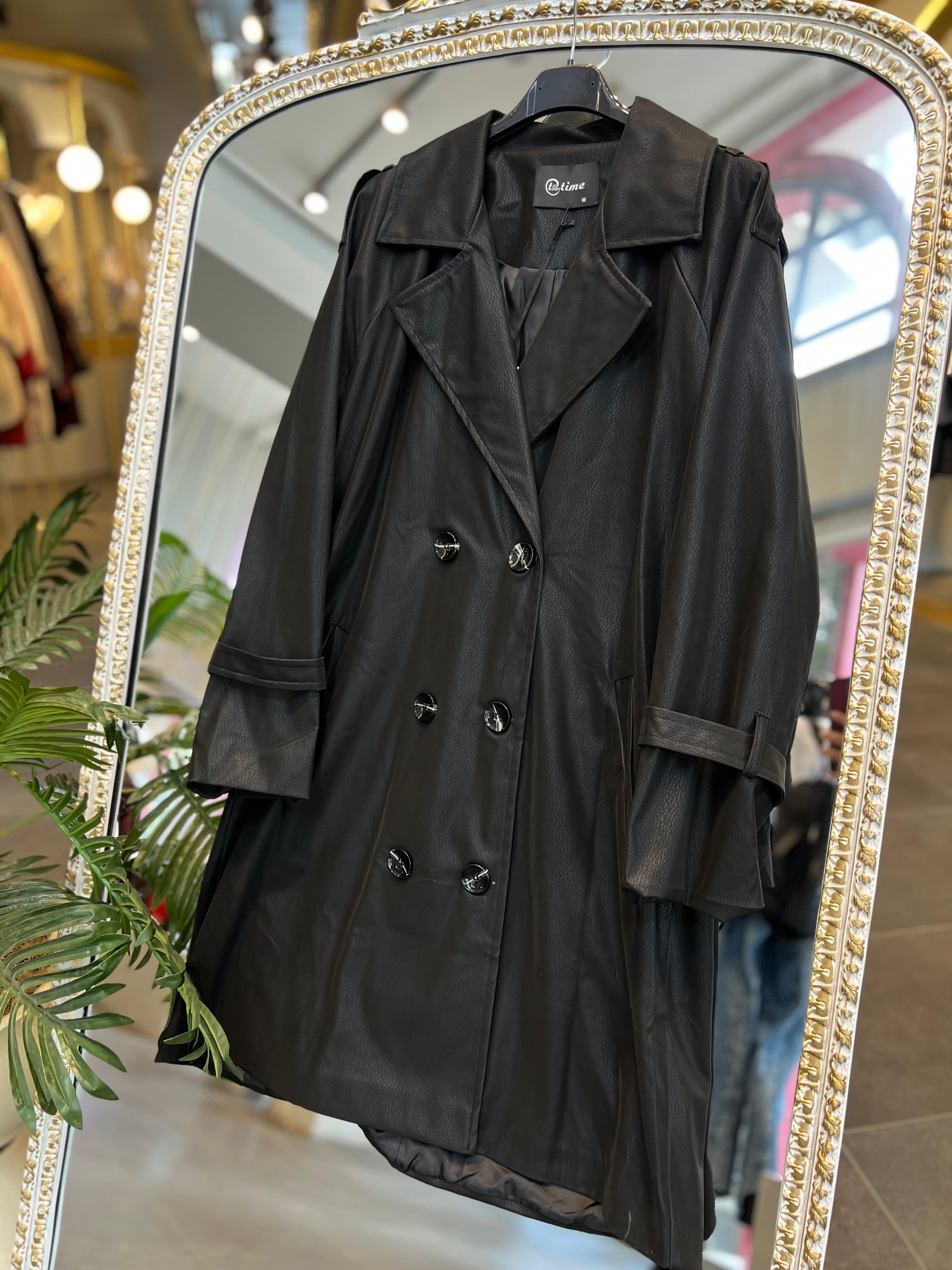 SERAP ESER EXCLUSİVE- MUMLU KUMAŞ GÖRÜNÜMLÜ TRENÇKOT