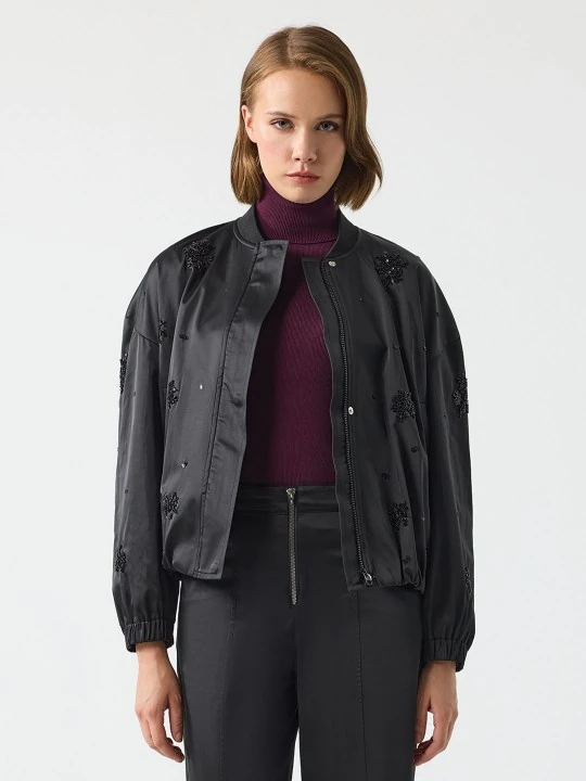 UNIQUE- PARAŞÜT KUMAŞ NAKIŞLI SİYAH BOMBER CEKET