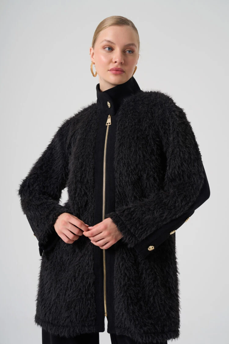 MASCARA- KOLLARI DÜĞME DETAY PELUŞ SİYAH CEKET