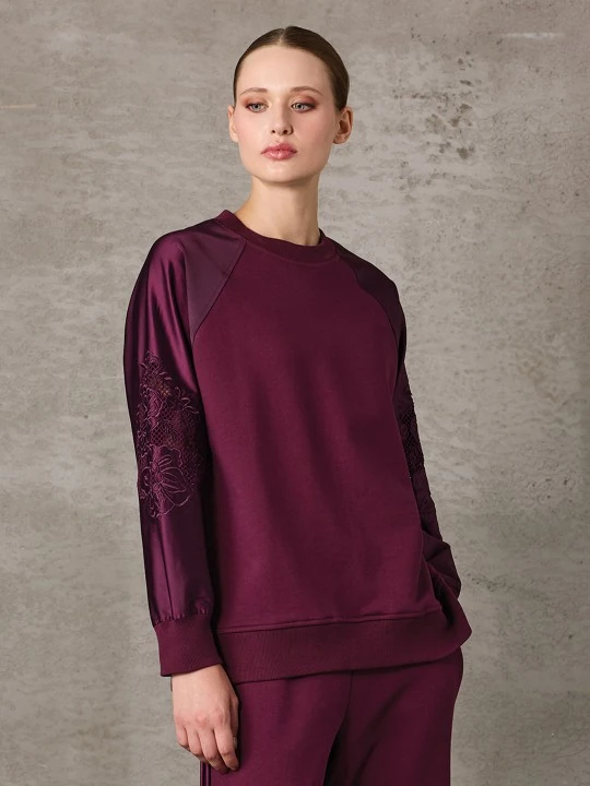 UNIQUE- KOLU NAKIŞ DETAYLI BORDO SWEATSHİRT