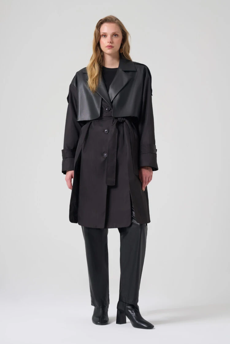 MASCARA- YIRTMAÇ DETAY KUŞAKLI SİYAH TRENÇKOT