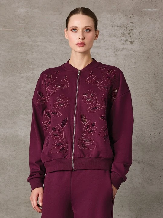 UNIQUE- İŞLEMELİ BOMBER SWEATSHİRT