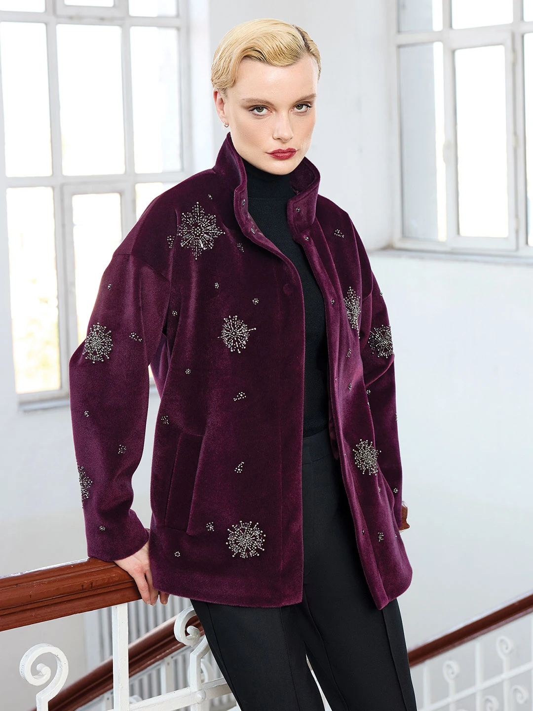 UNIQUE- NAKIŞ İŞLEMELİ BORDO MONT