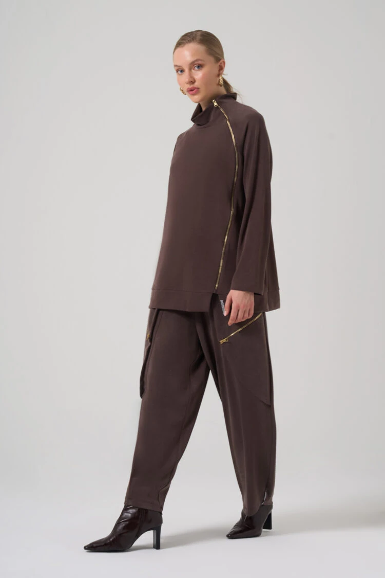 MASCARA- YANLARI FERMUAR DETAY KAHVERENGİ TAKIM