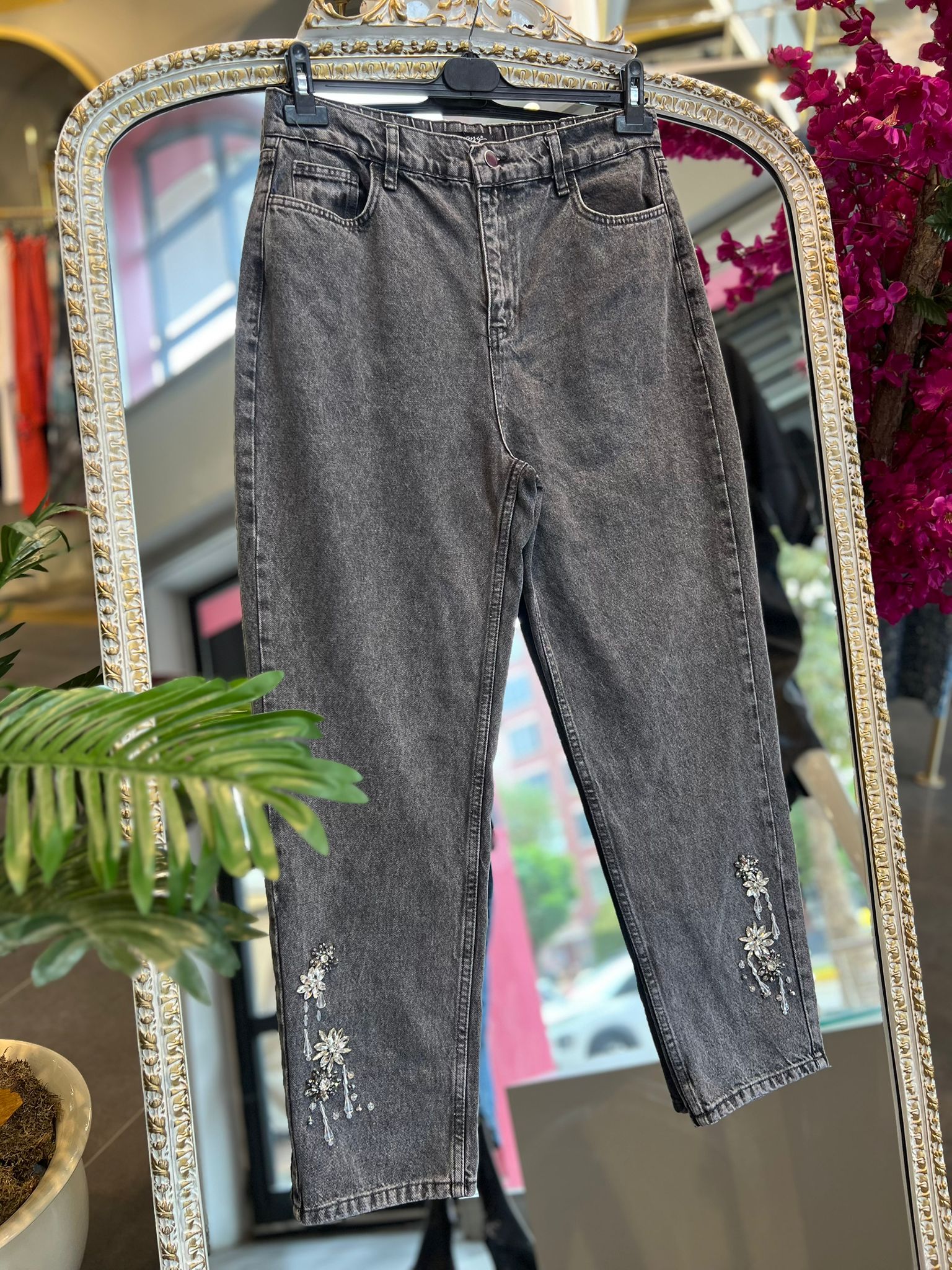 MY312- PAÇASI İŞLEME DETAYLI GRİ JEAN PANTOLON