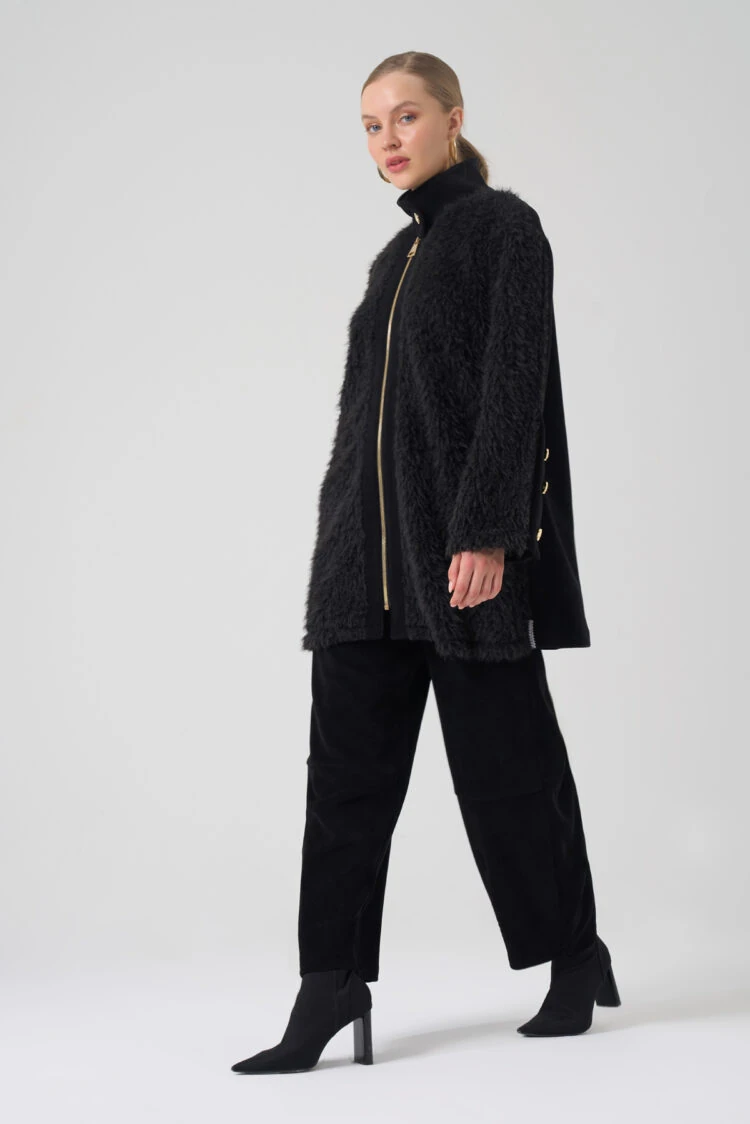 MASCARA- KOLLARI DÜĞME DETAY PELUŞ SİYAH CEKET