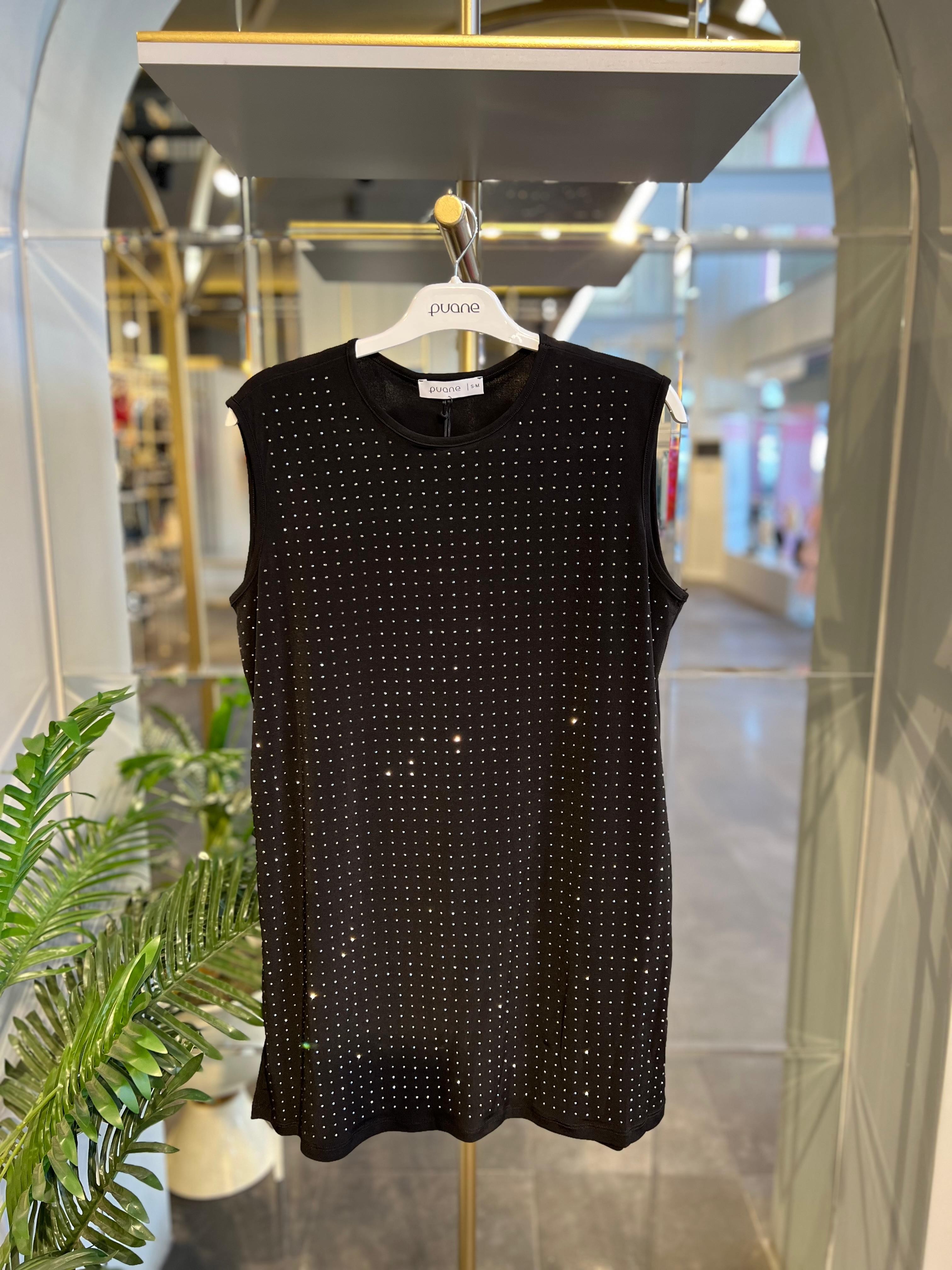 PUANE- TAŞ DETAYLI SİYAH SIFIR KOLLU T-SHIRT