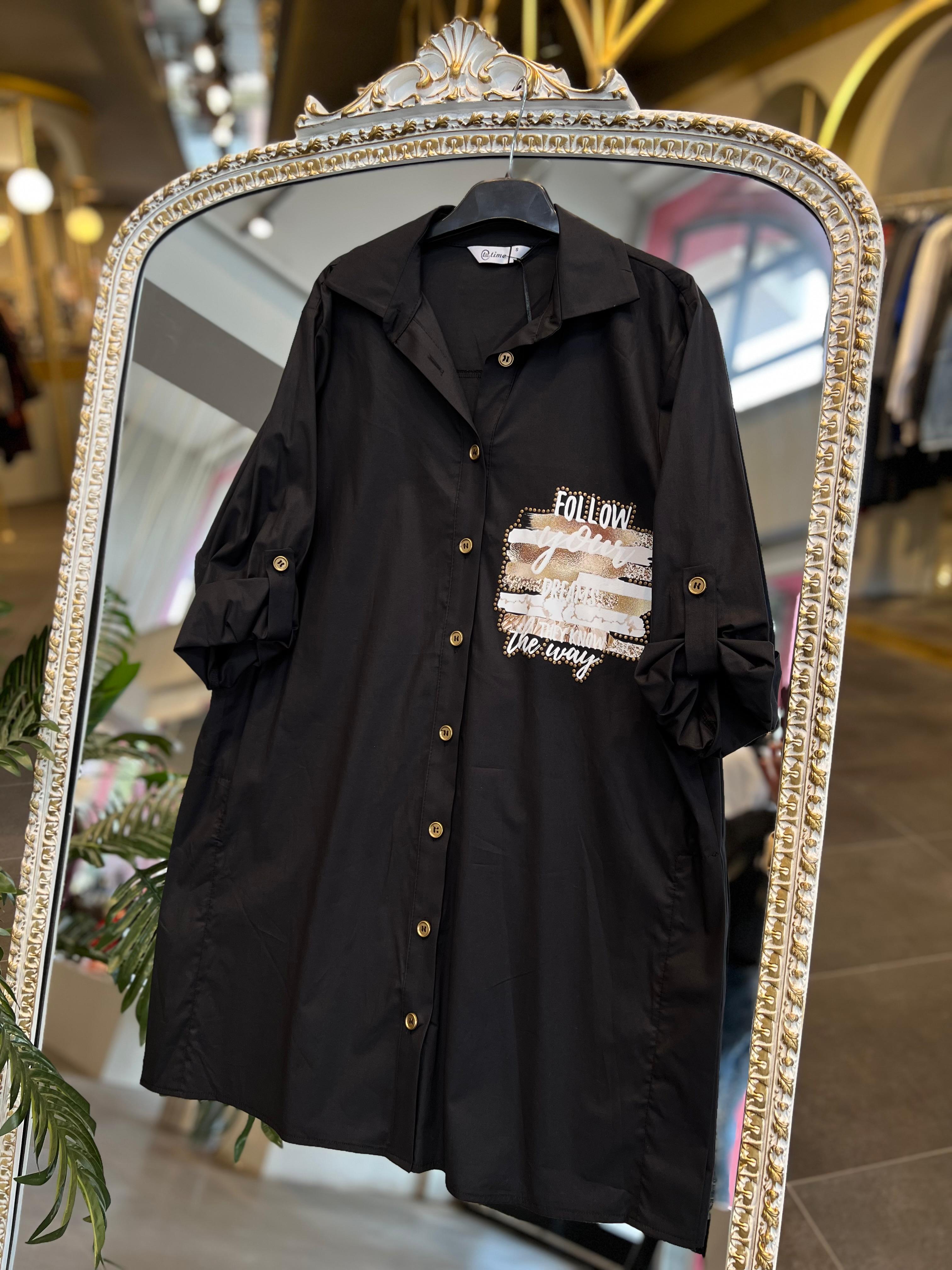 SERAP ESER EXCLUSİVE- YAZI DETAYLI SİYAH GÖMLEK