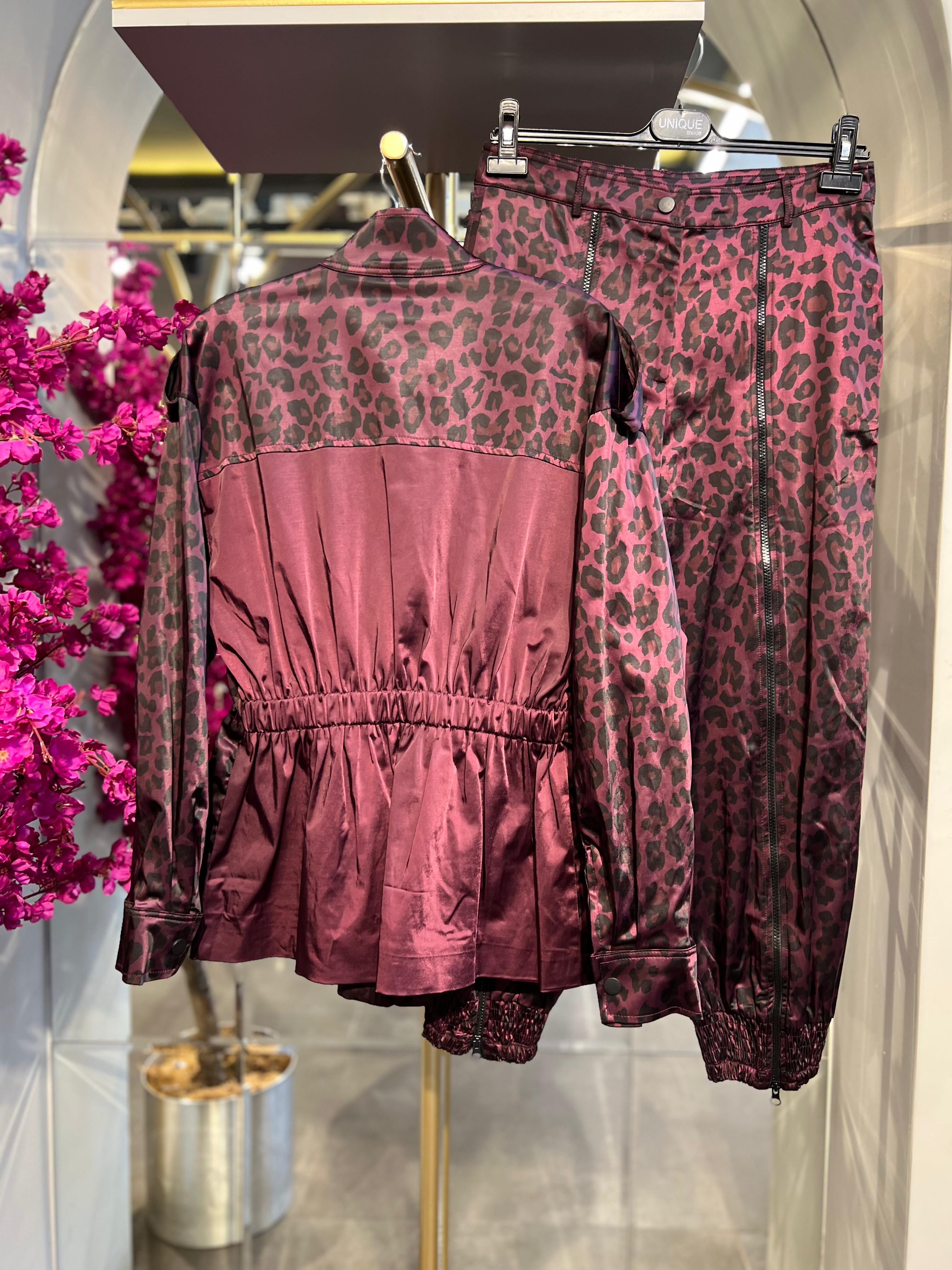 UNIQUE- LEOPAR DESENLİ SATEN BORDO TAKIM
