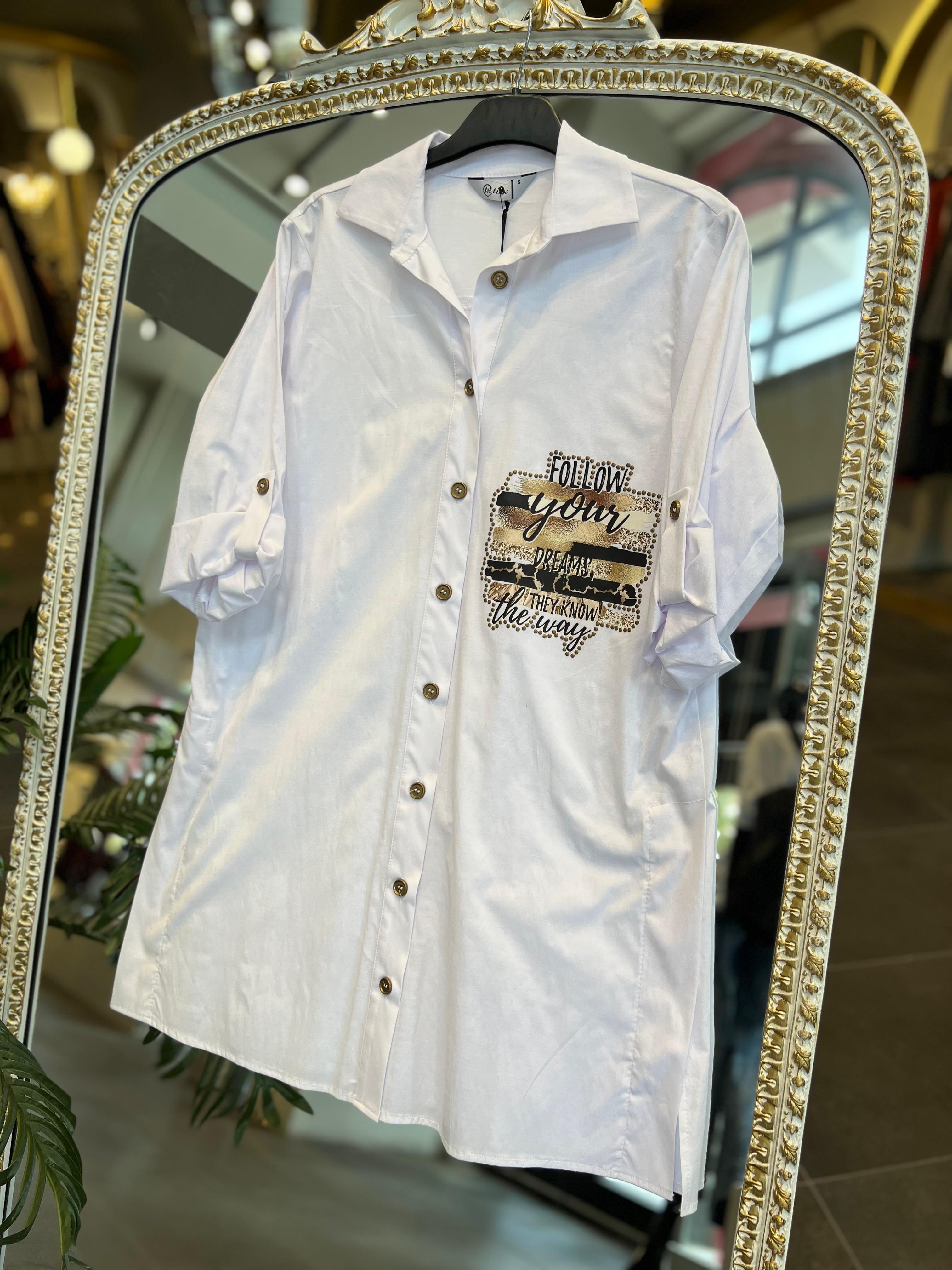 SERAP ESER EXCLUSİVE- YAZI DETAYLI BEYAZ GÖMLEK