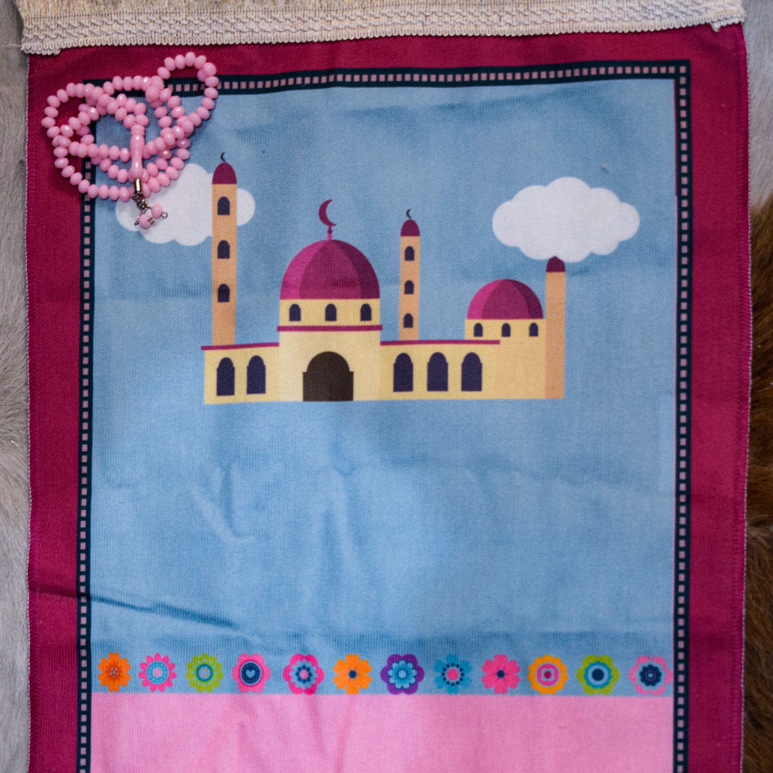 Prayer rug and rosary set for girls special for Ramadan month, Turkish calligraphy