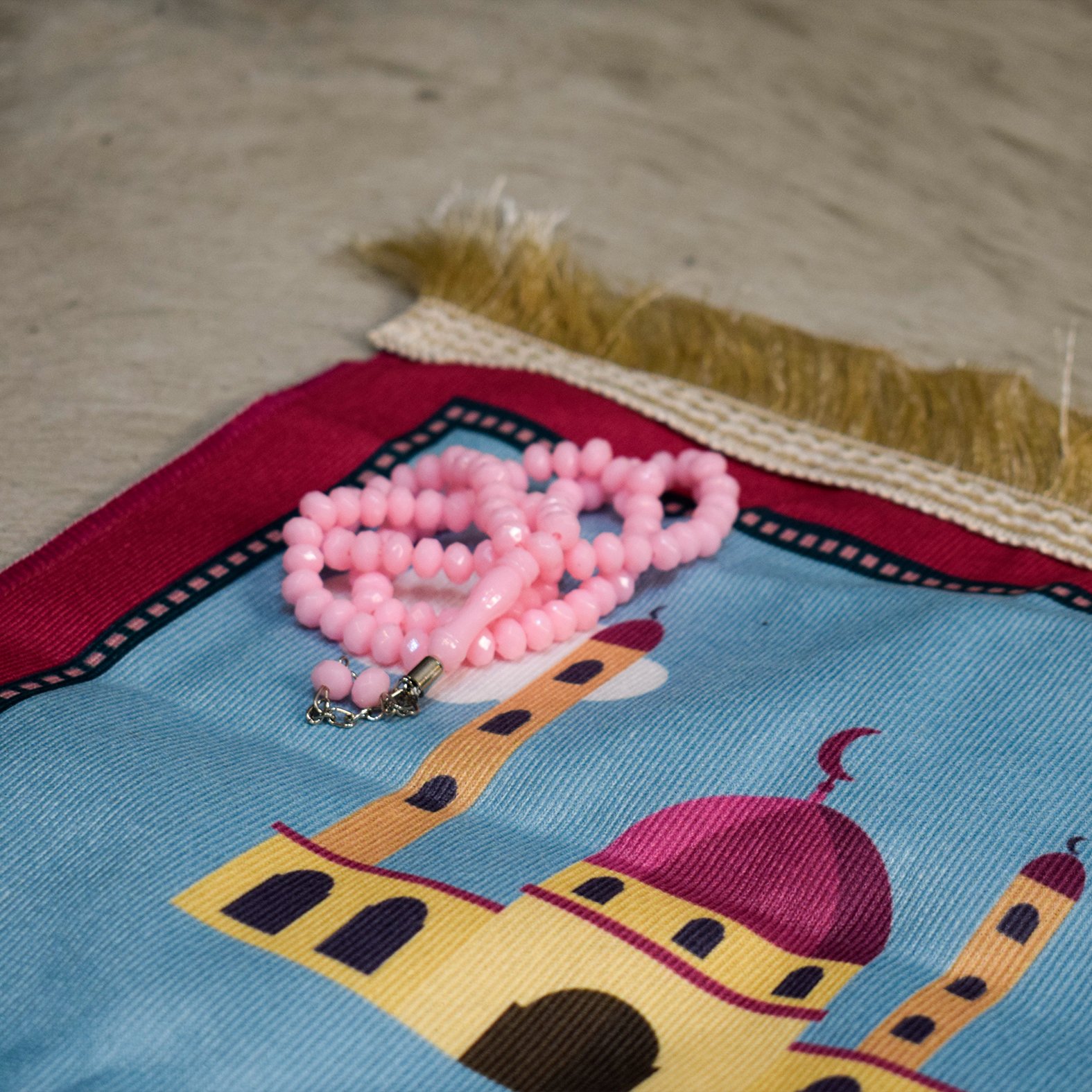 Prayer rug and rosary set for girls special for Ramadan month, Turkish calligraphy