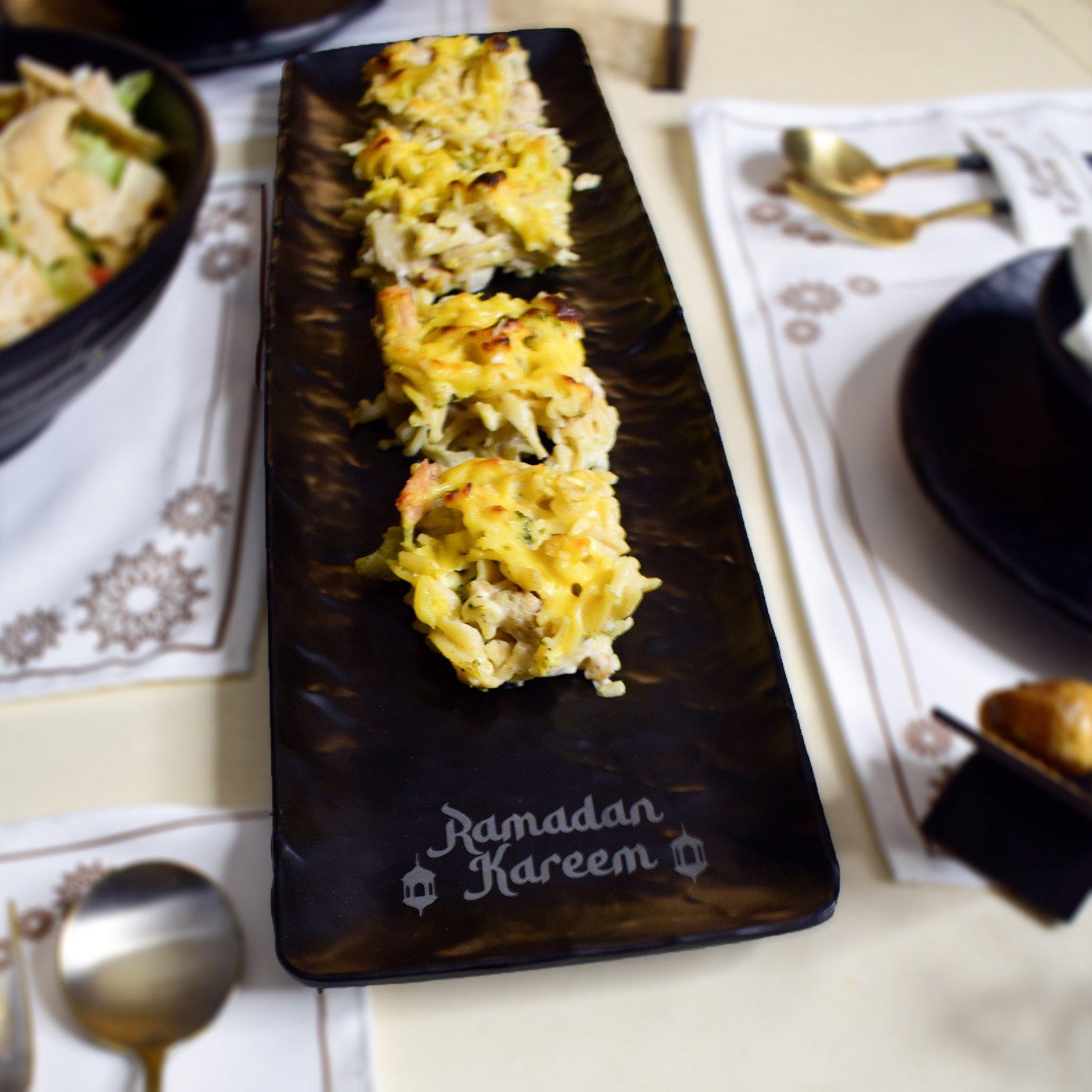 Serving plate specially designed for Ramadan, 53x16.5 cm, decorated with English calligraphy