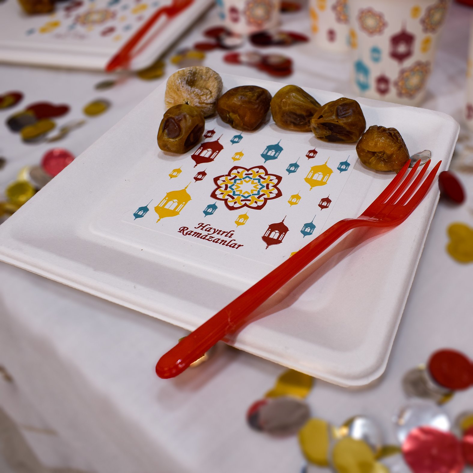 Special Ramadan ecological plate and glass set of 10 red plates and 10 cups with Turkish writing