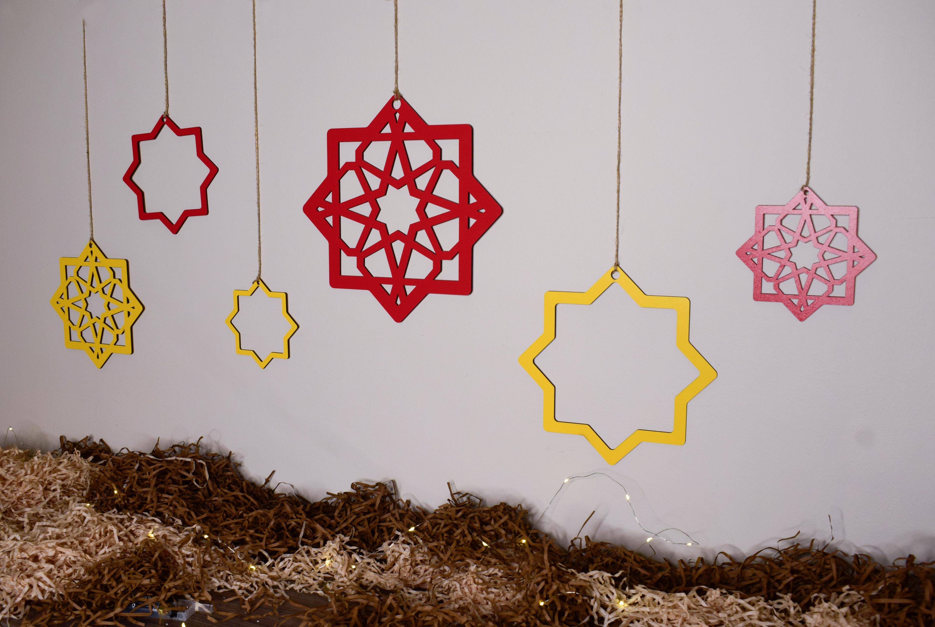 Red and yellow hangers specially designed for Ramadan