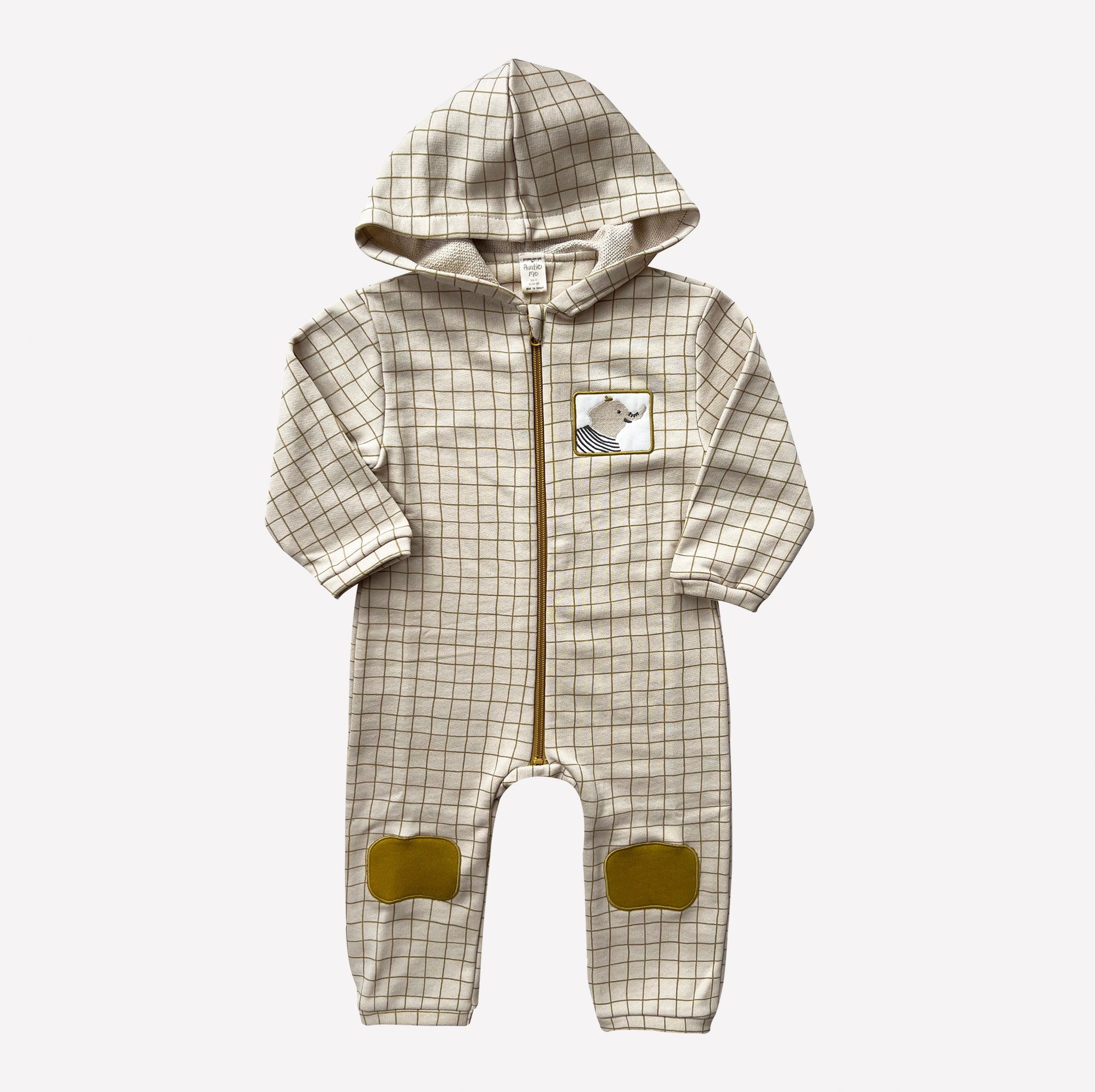 Auntie Me Organic 'Olive Oil Checked' Zip-Up Hoodie Jumpsuit