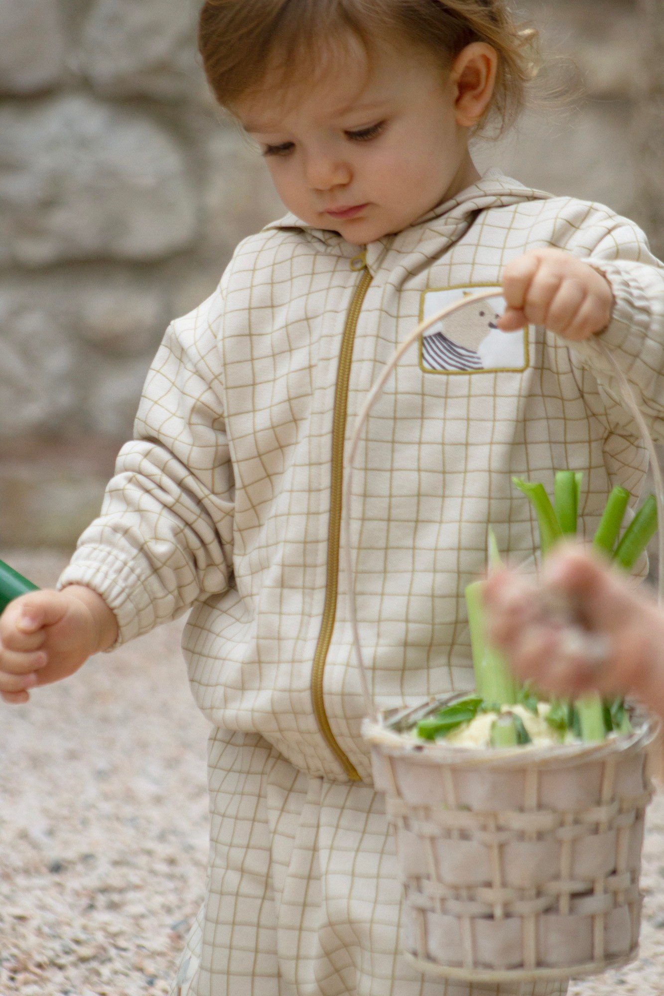 Auntie Me Organik Kapüşonlu  ‘Olive Oil Checked’ Fermuarlı Ceket 