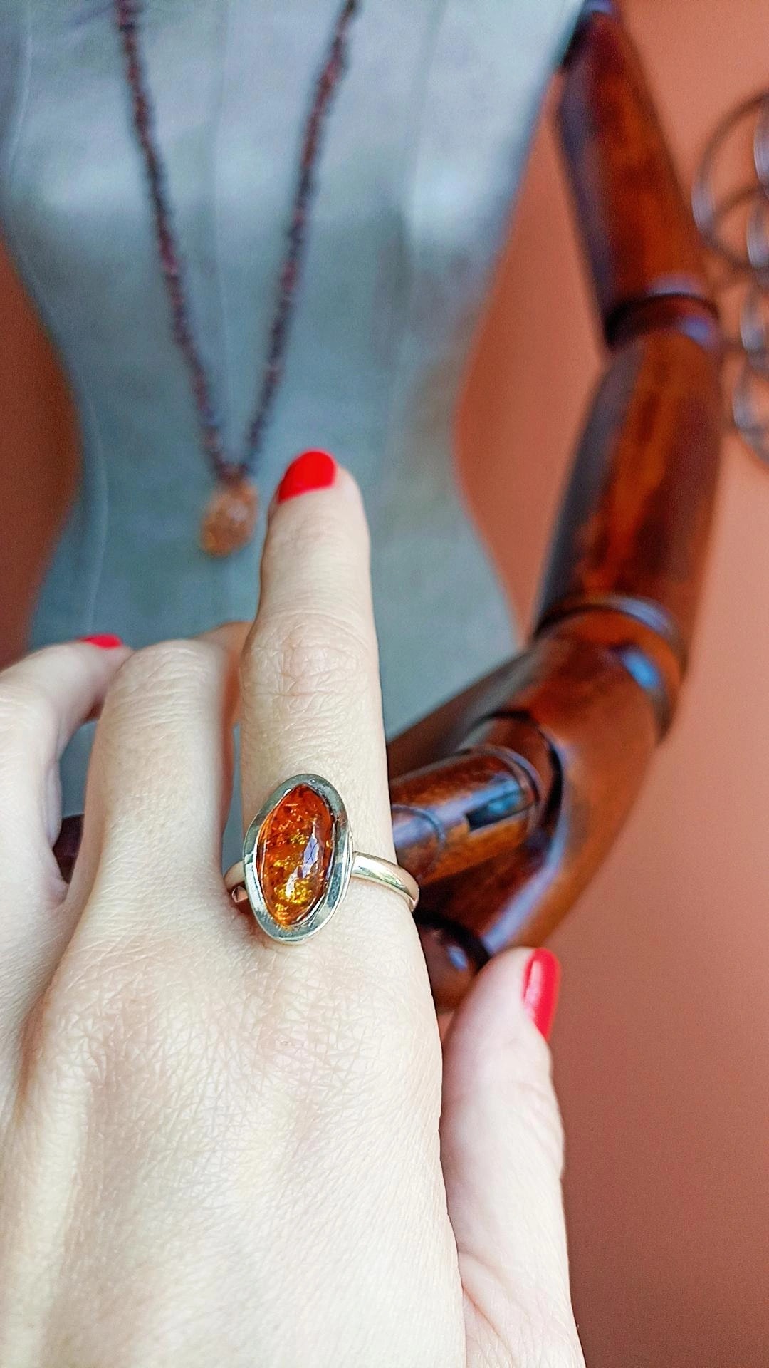 El İşçiliği Kehribar Gümüş Erkek/Kadın Yüzük