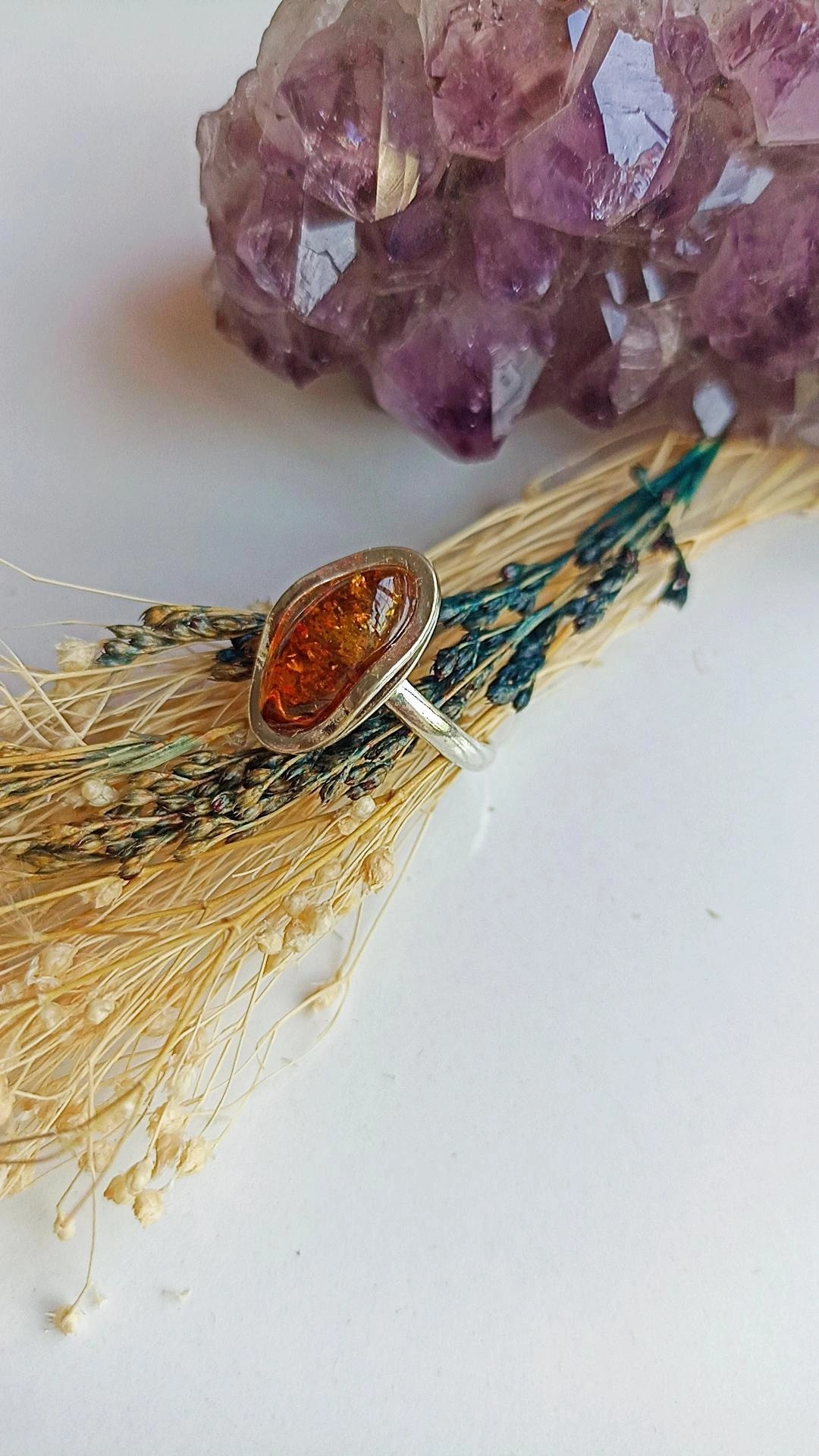 El İşçiliği Kehribar Gümüş Erkek/Kadın Yüzük