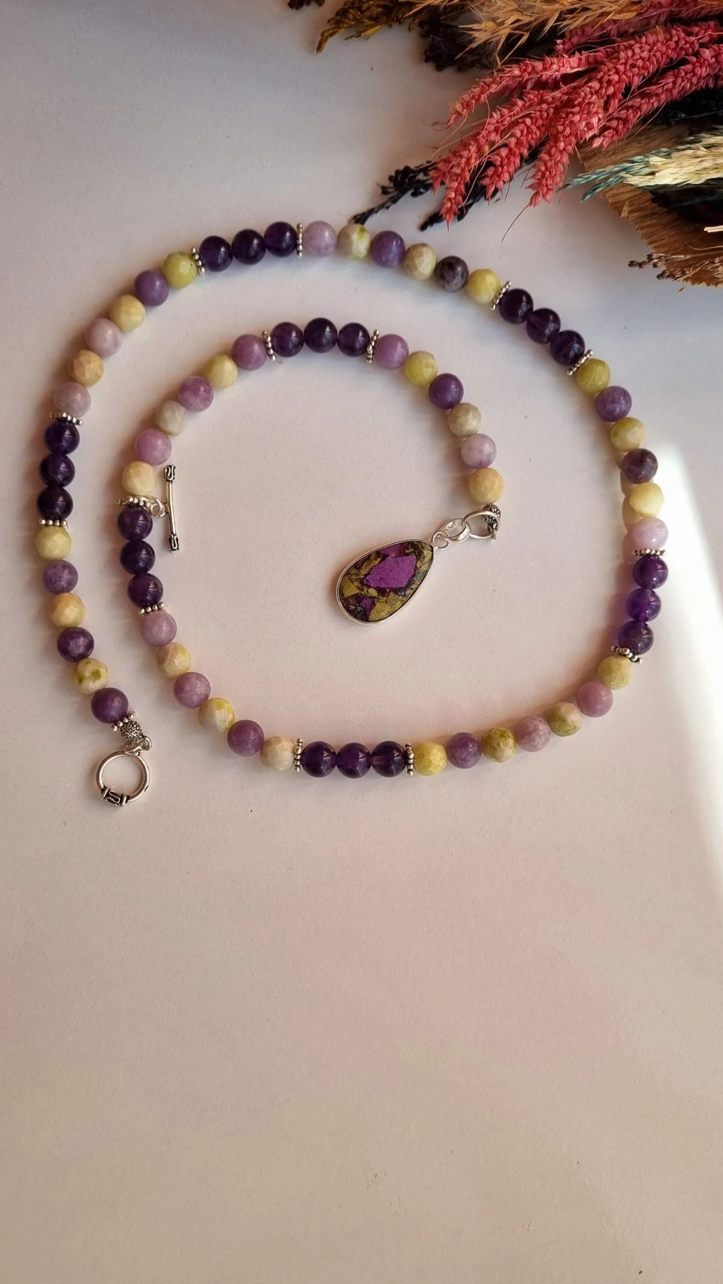 Sarı Opal & Lepidolit & Ametist & Stiktit Doğal Taş Kolye