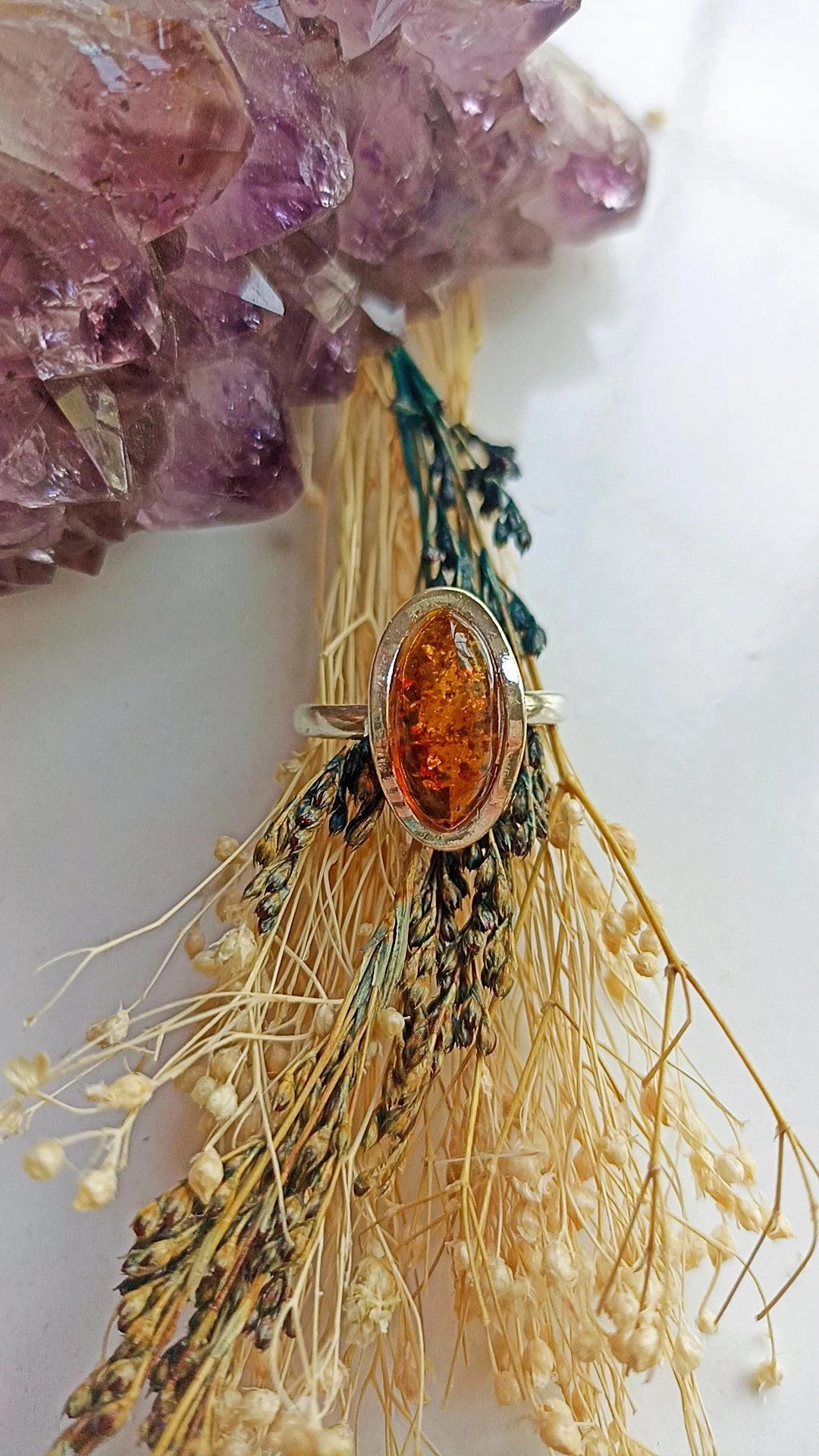 El İşçiliği Kehribar Gümüş Erkek/Kadın Yüzük