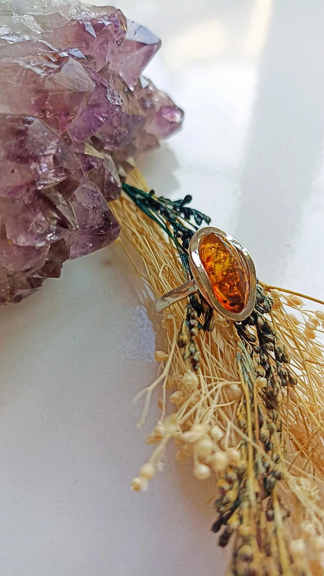 El İşçiliği Kehribar Gümüş Erkek/Kadın Yüzük