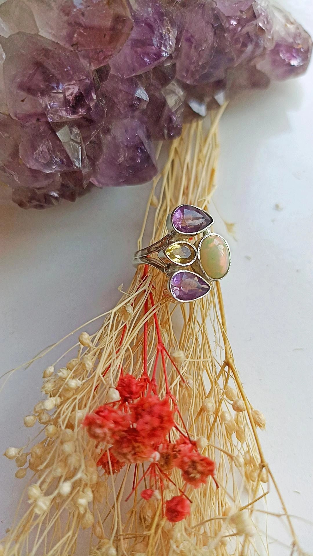 Ametist& Etiyopya Opal & Sitrin Taşlı Gümüş Yüzük