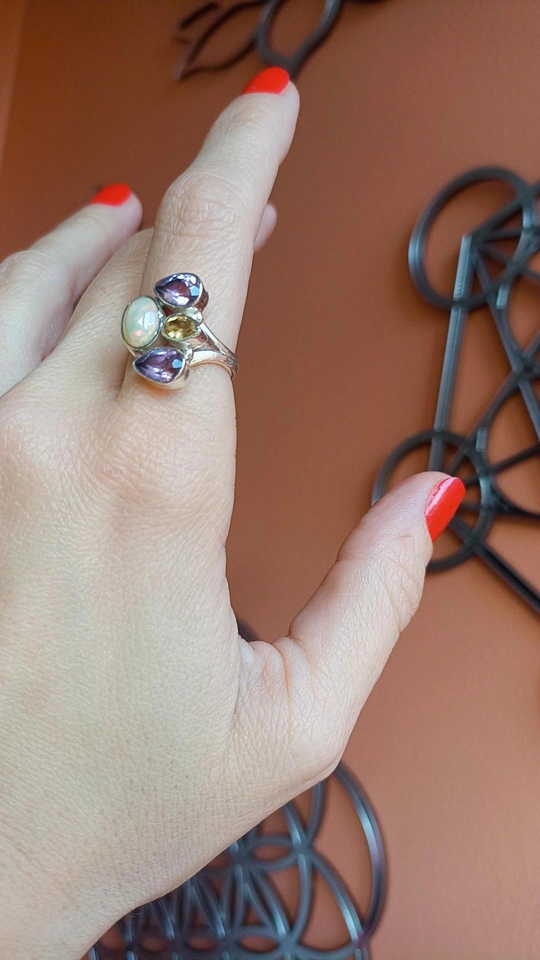 Ametist& Etiyopya Opal & Sitrin Taşlı Gümüş Yüzük