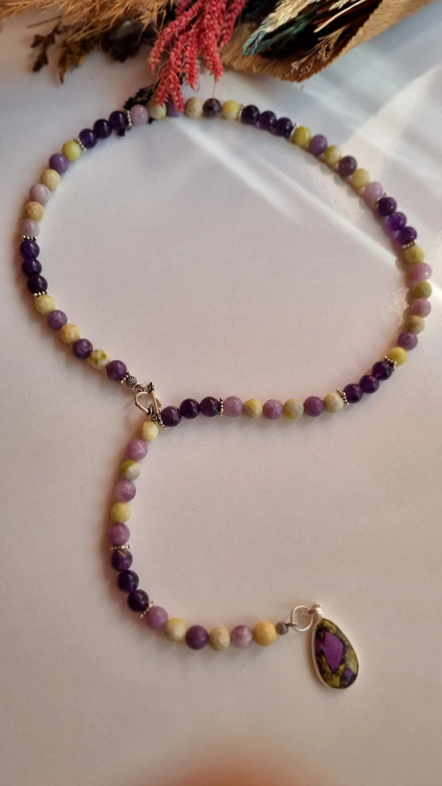 Sarı Opal & Lepidolit & Ametist & Stiktit Doğal Taş Kolye