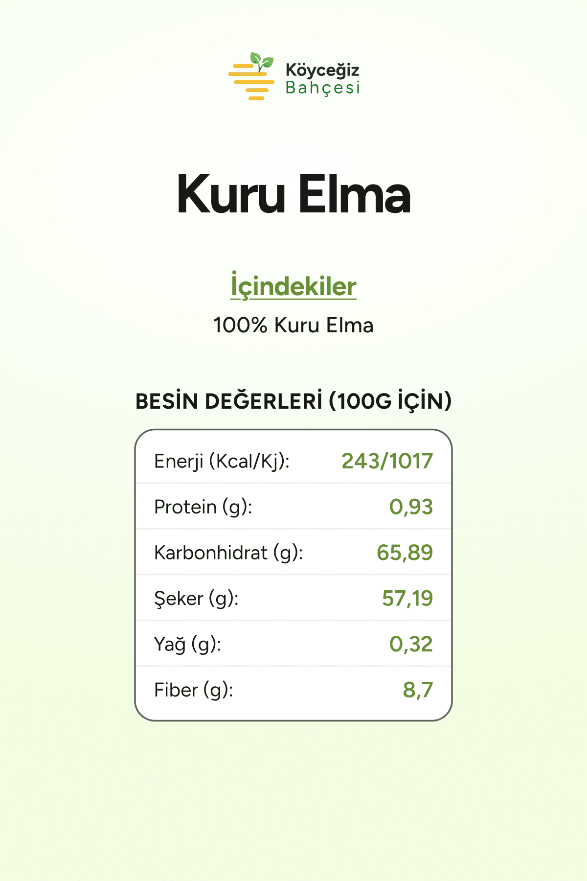 Organik Kurutulmuş Elma - 100gr