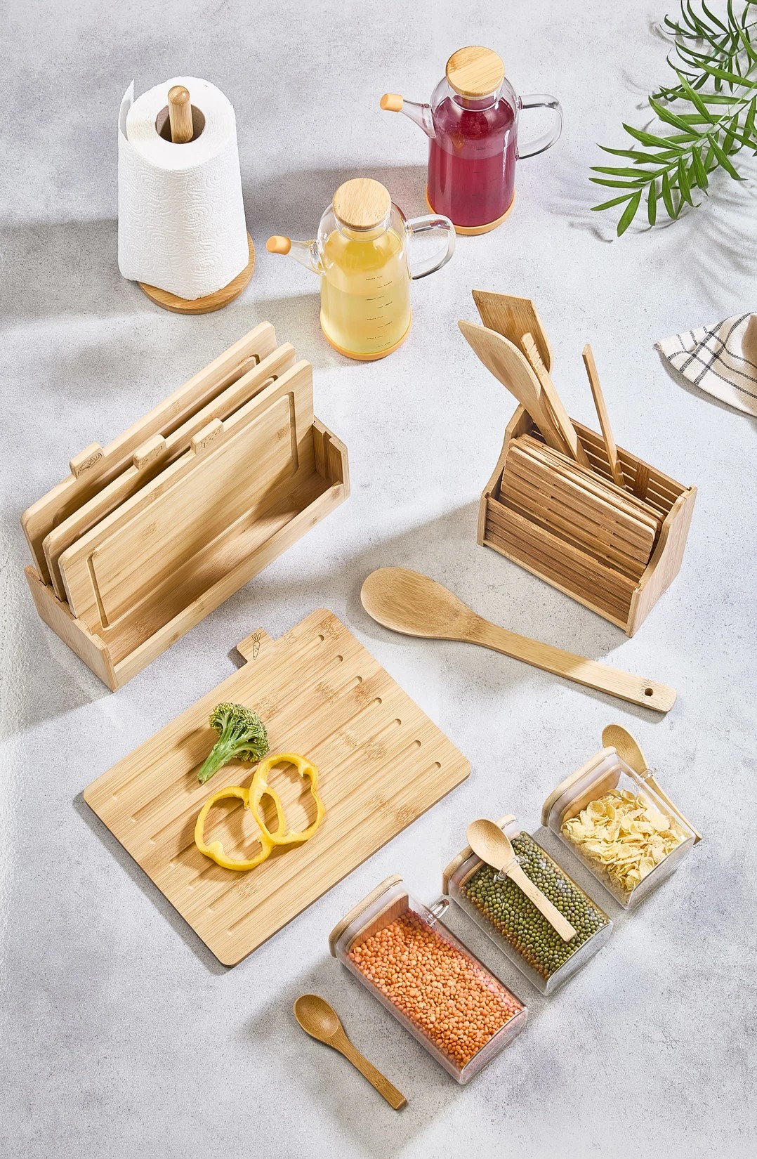 20 Parça Tezgah Üstü Bambu Set - Kesme Tahtası, Yağdanlık, Kavanoz, Havluluk, Kaşıklık, Nihale Seti