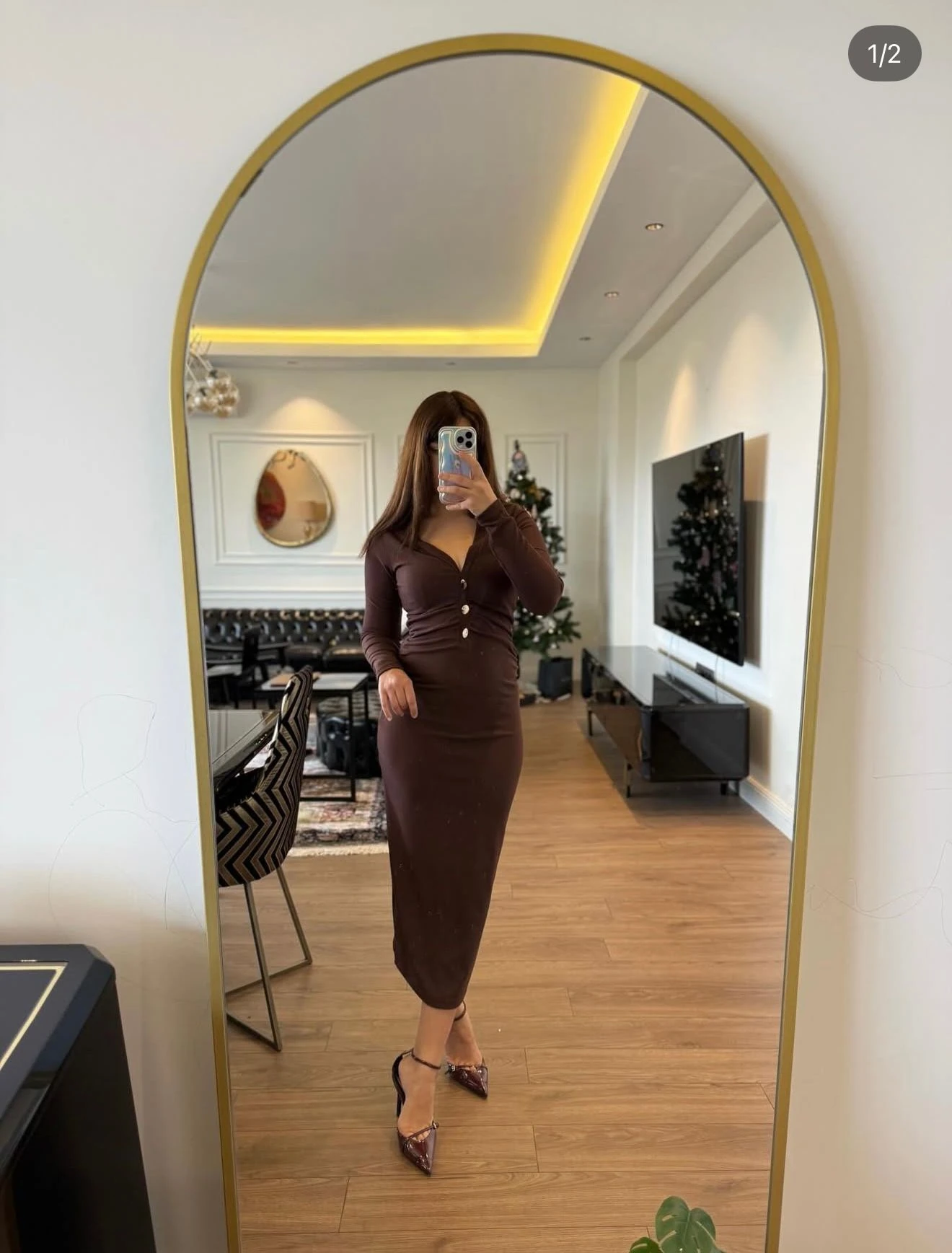 Kahverengi Sık Dokuma Triko Elbise