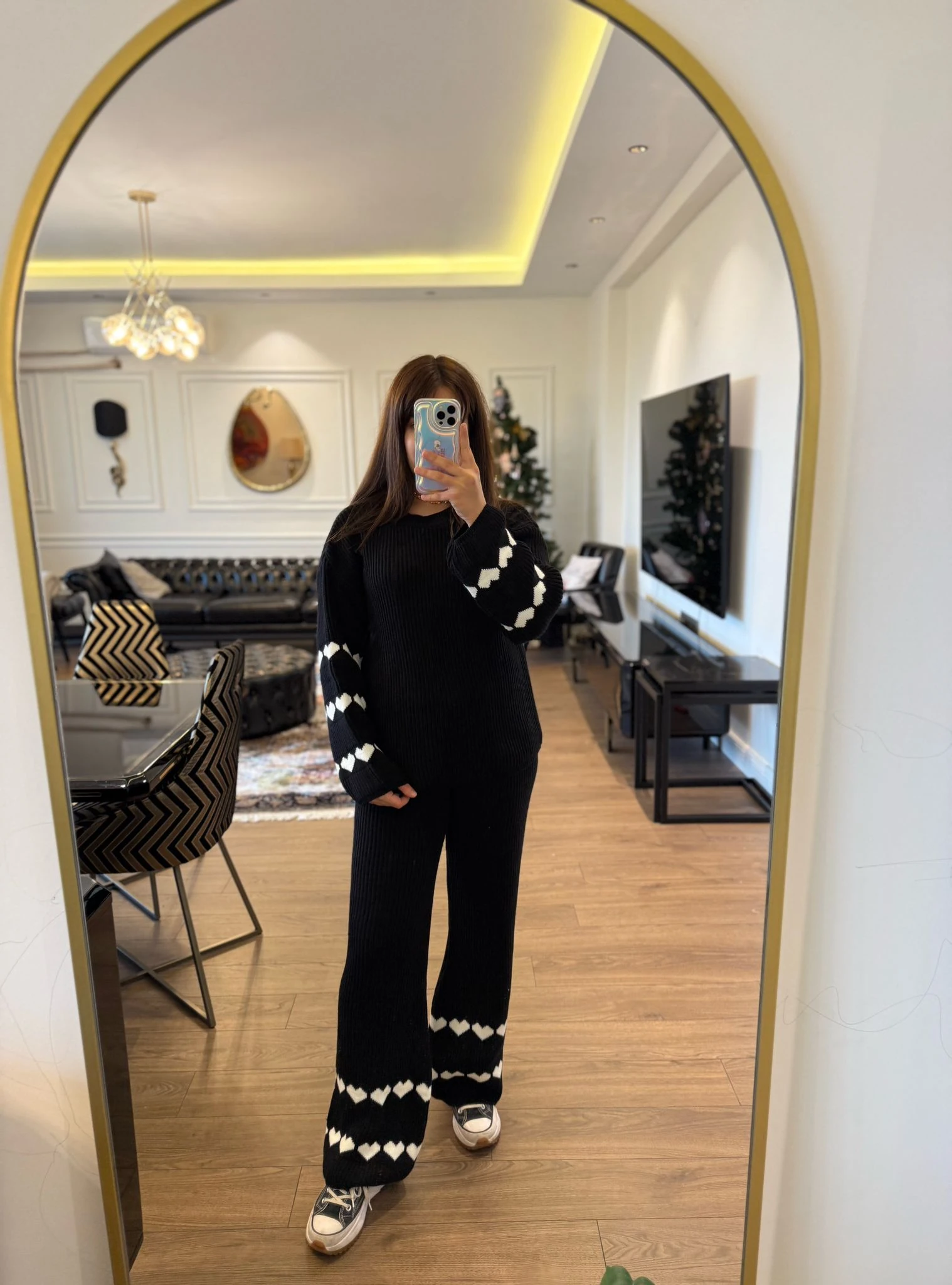 Siyah Kalp Detaylı Triko Takım