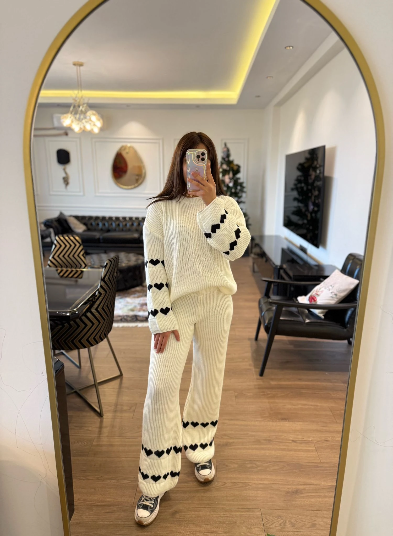 Beyaz Kalp Detaylı Triko Takım