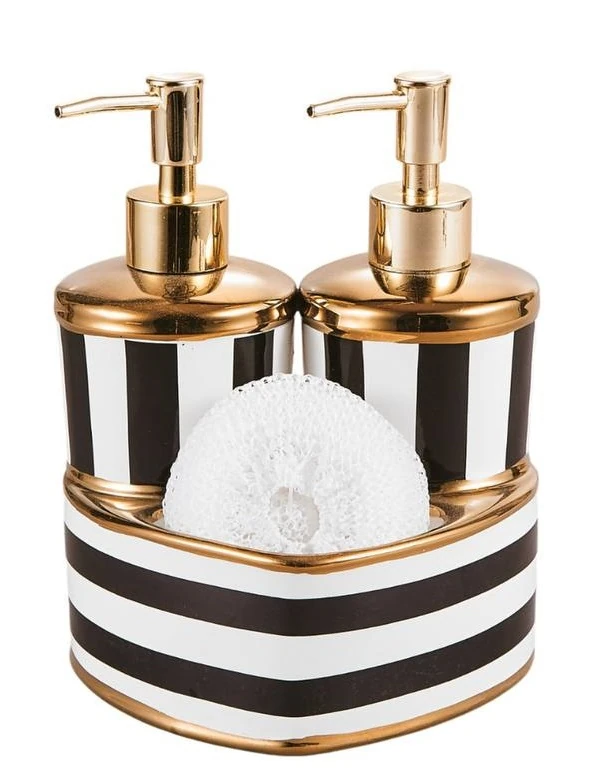 Kalp Şeklinde İkili Porselen Sıvı Sabunluk Seti Şeritli Desen, Arow - Siyah 2'li Set