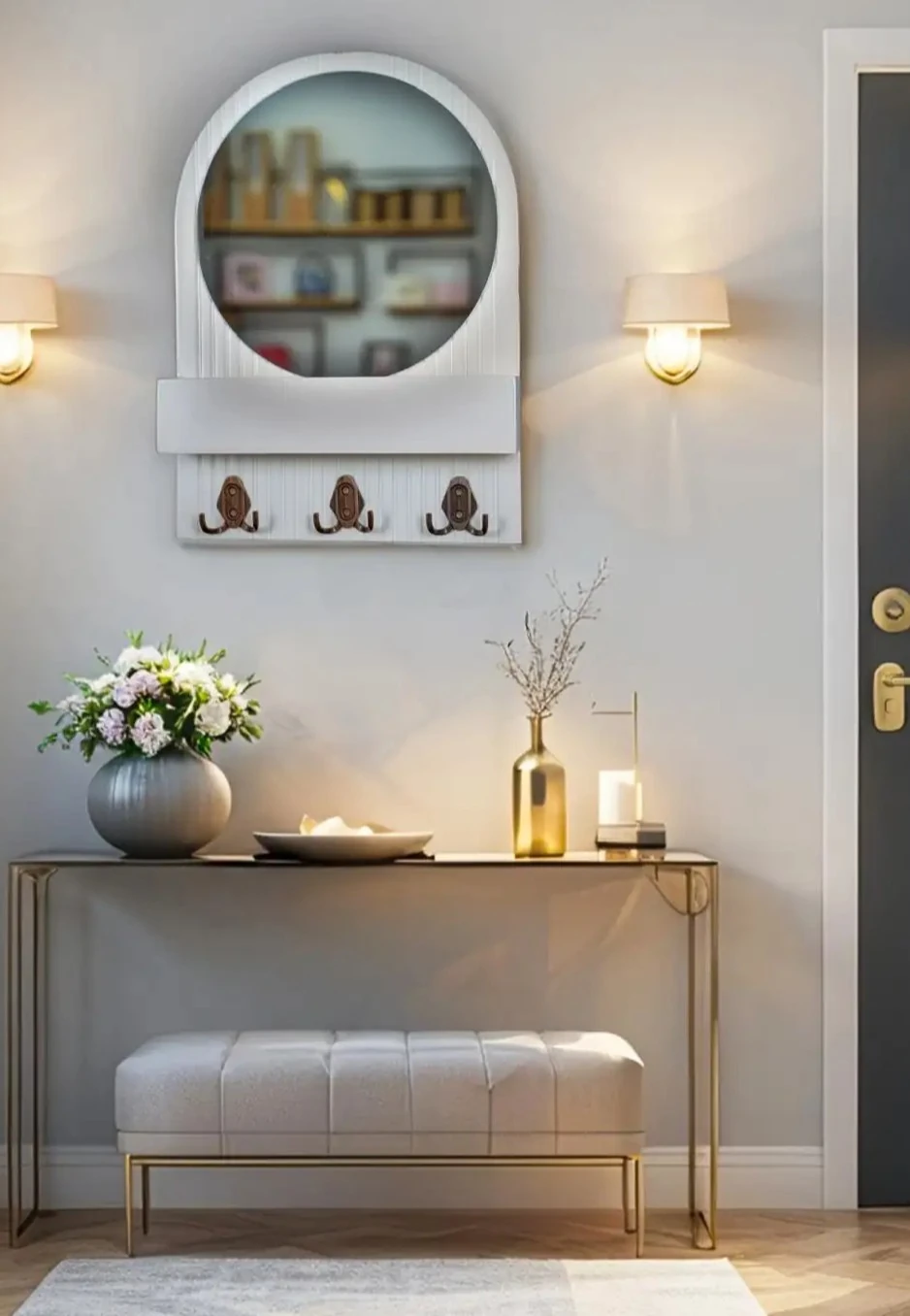 Dekoratif  Aynalı & Raflı Ahşap Askılık - Krem