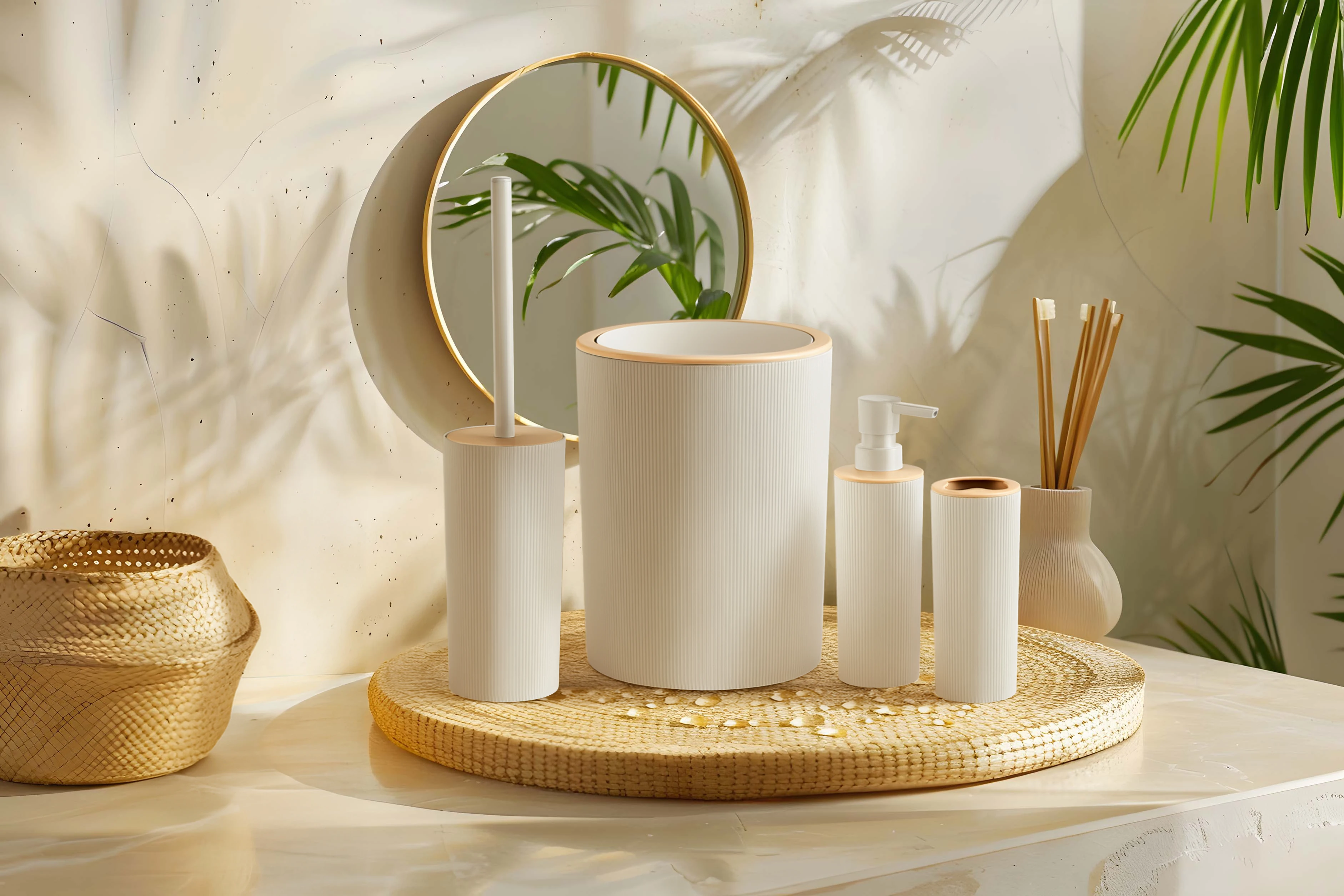 Ahşap Detaylı 4’lü Banyo Seti - Beyaz