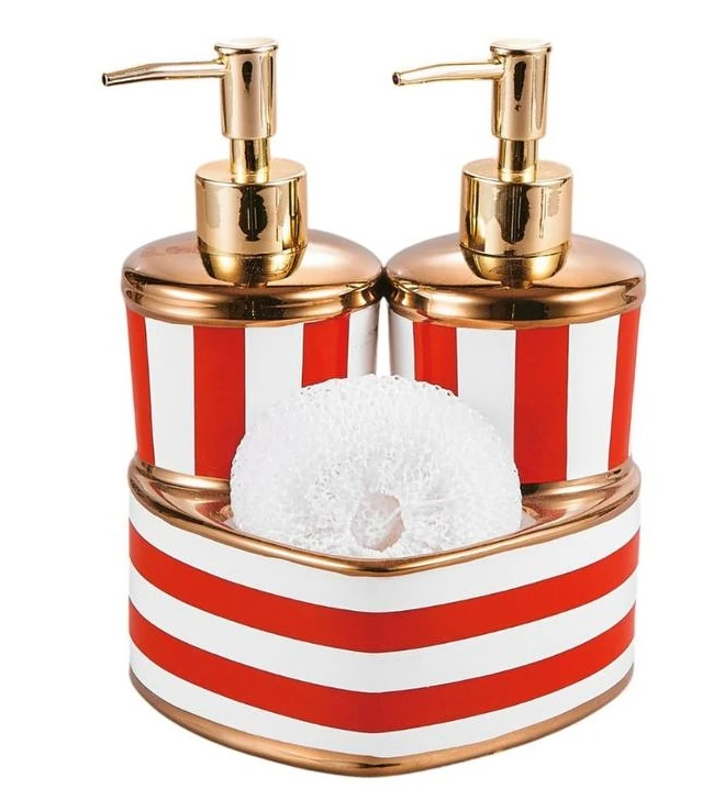 Kalp Şeklinde İkili Porselen Sıvı Sabunluk Seti Şeritli Desen, Arow - Kırmızı