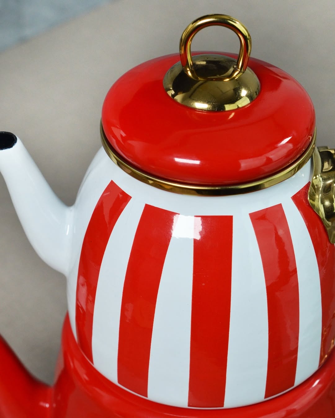Emaye Çizgili Çaydanlık - Kırmızı