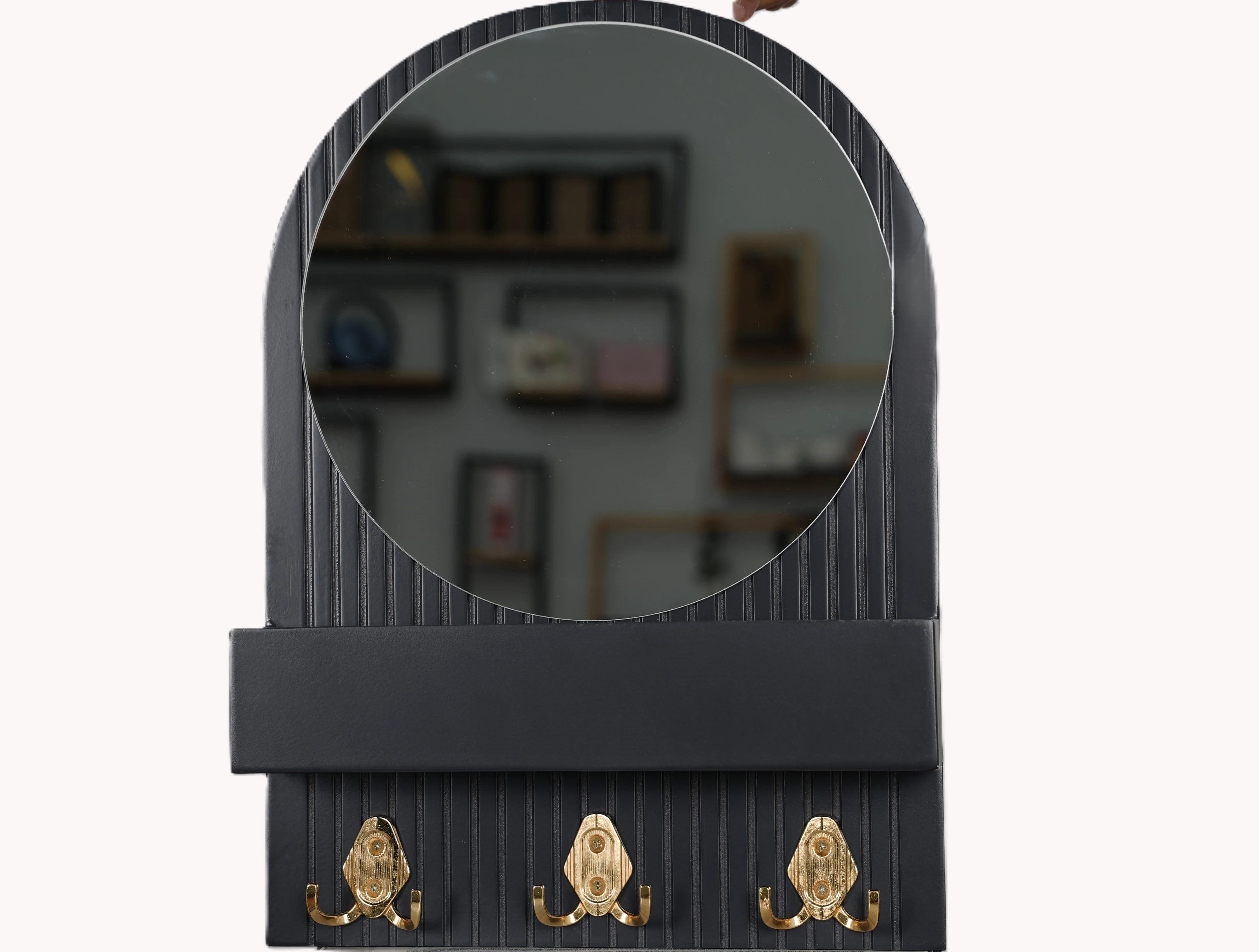 Dekoratif  Aynalı & Raflı Ahşap Askılık - Antrasit (Mat Siyah)