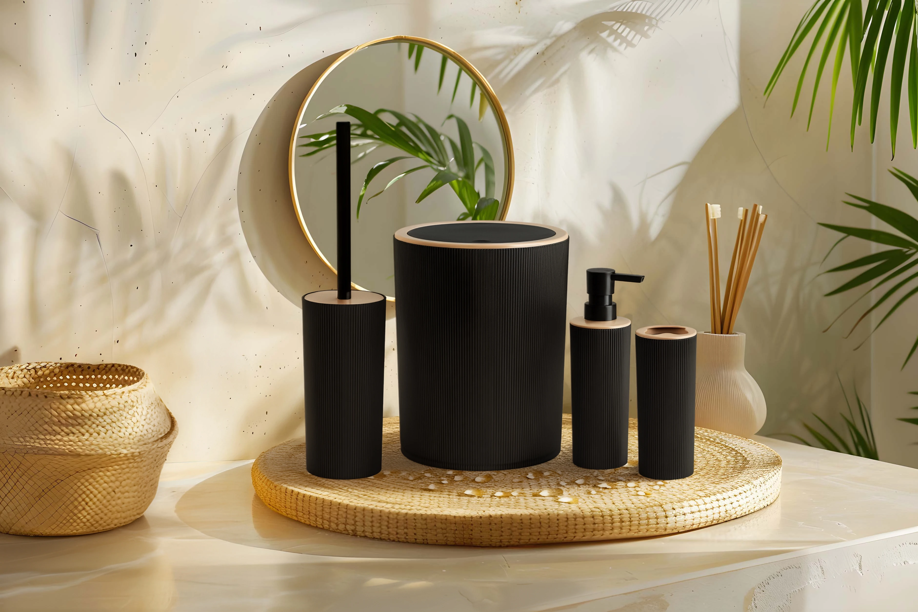 Ahşap Detaylı 4’lü Banyo Seti - Siyah