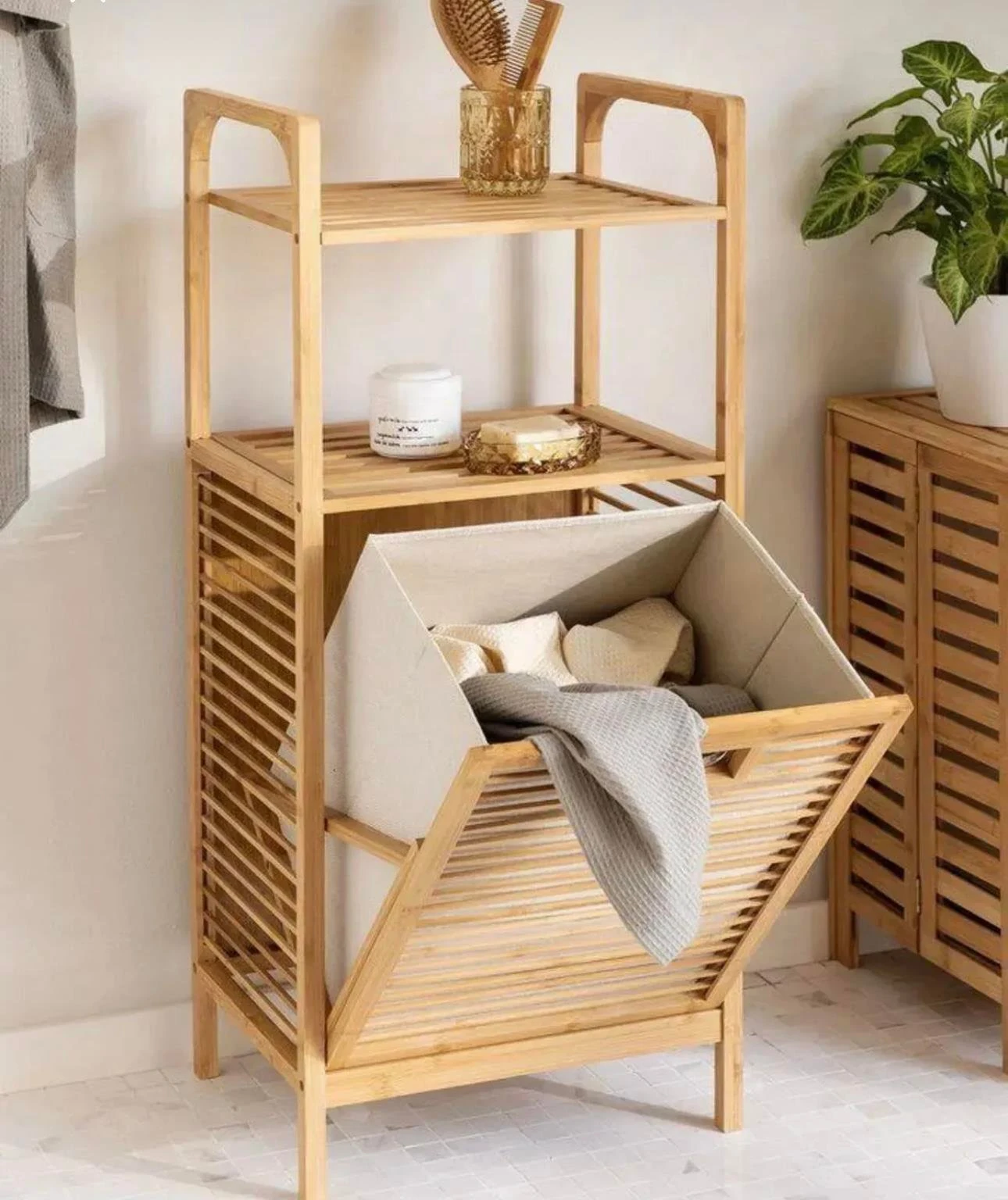 Raflı Doğal Bambu Kirli Çamaşır Sepeti, KRD