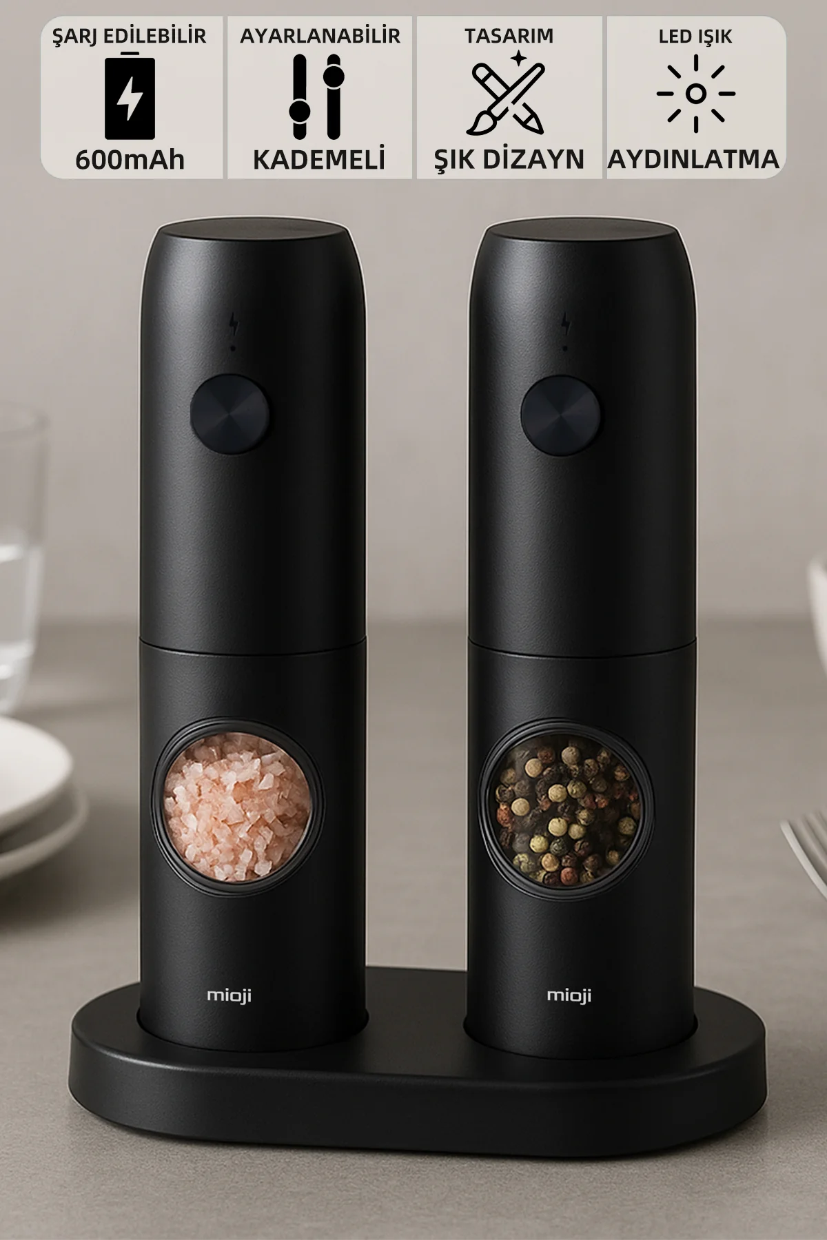 Mioji Şarjlı Standlı Tuz Karabiber Değirmeni 