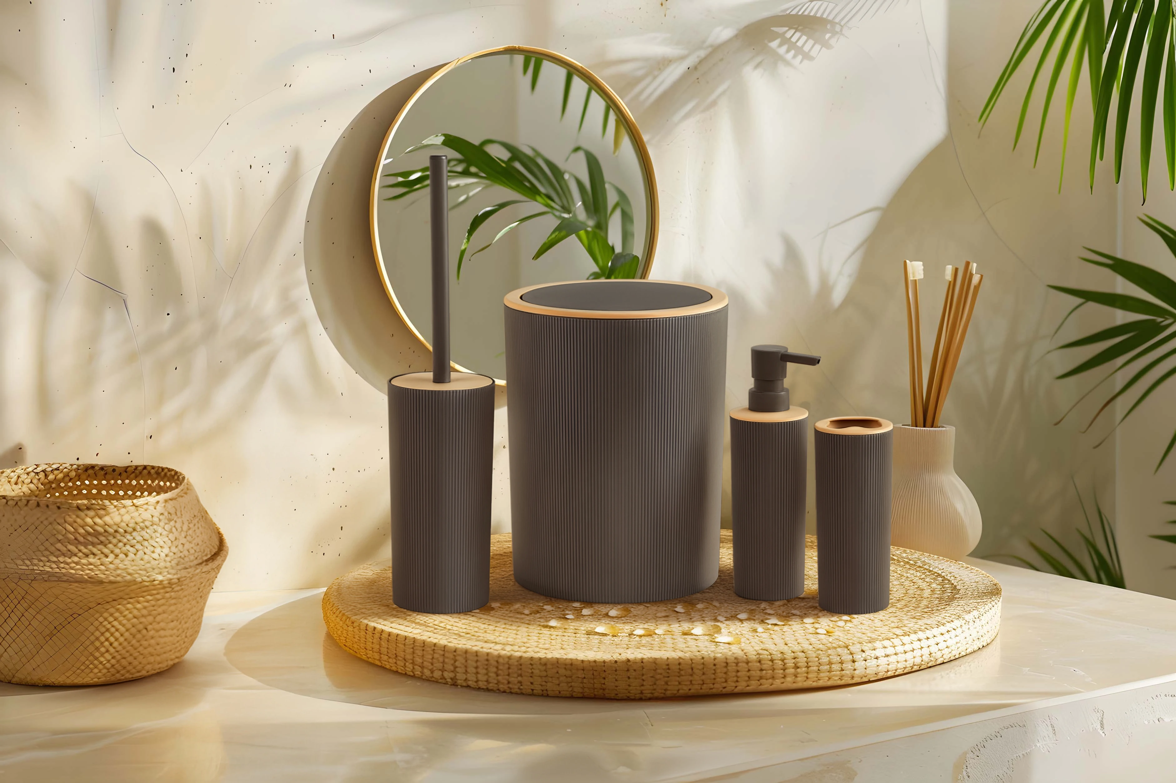 Ahşap Detaylı 4’lü Banyo Seti - Gri