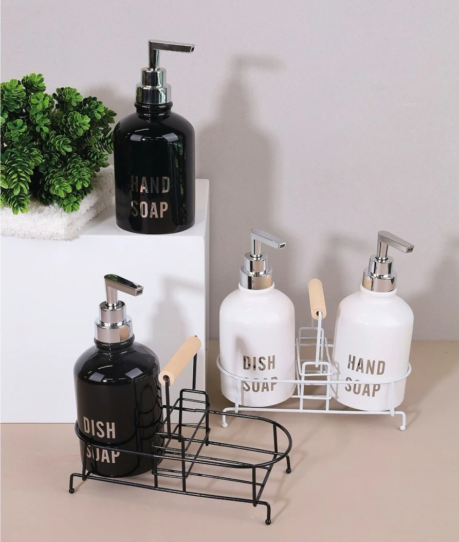 2li Porselen Sıvı Sabunluk Seti ve Paslanmaz Çelik Standı, Arow