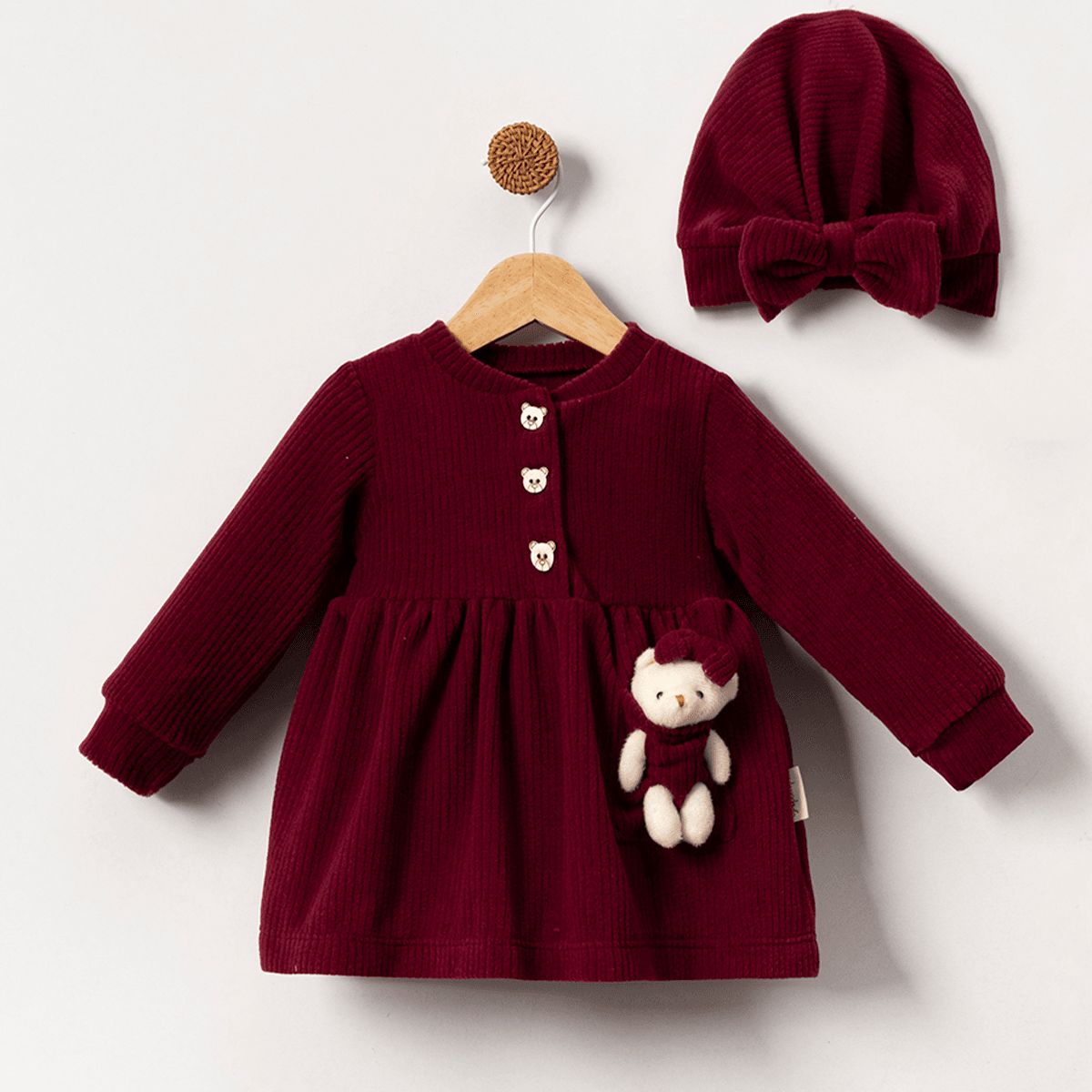 Kız Bebek Ayıcıklı Polar Elbise - Bordo
