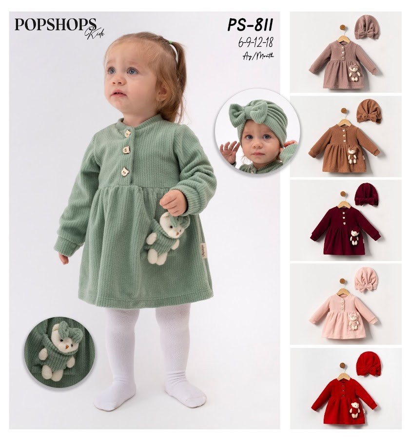 Kız Bebek Ayıcıklı Polar Elbise - Yeşil