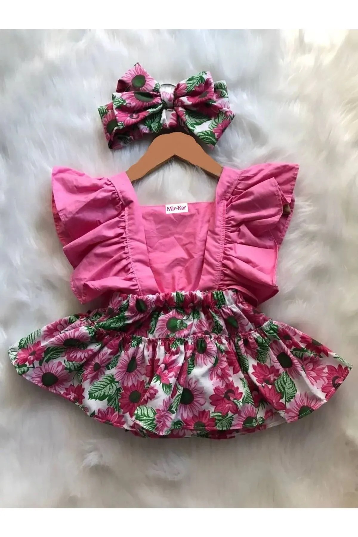 Kız Bebek Pembe Ayçiçeği Salopet Bandana Set