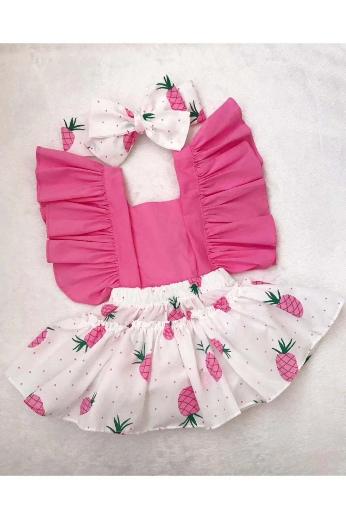 Pembe Ananas Desen Salopet Bandana Set