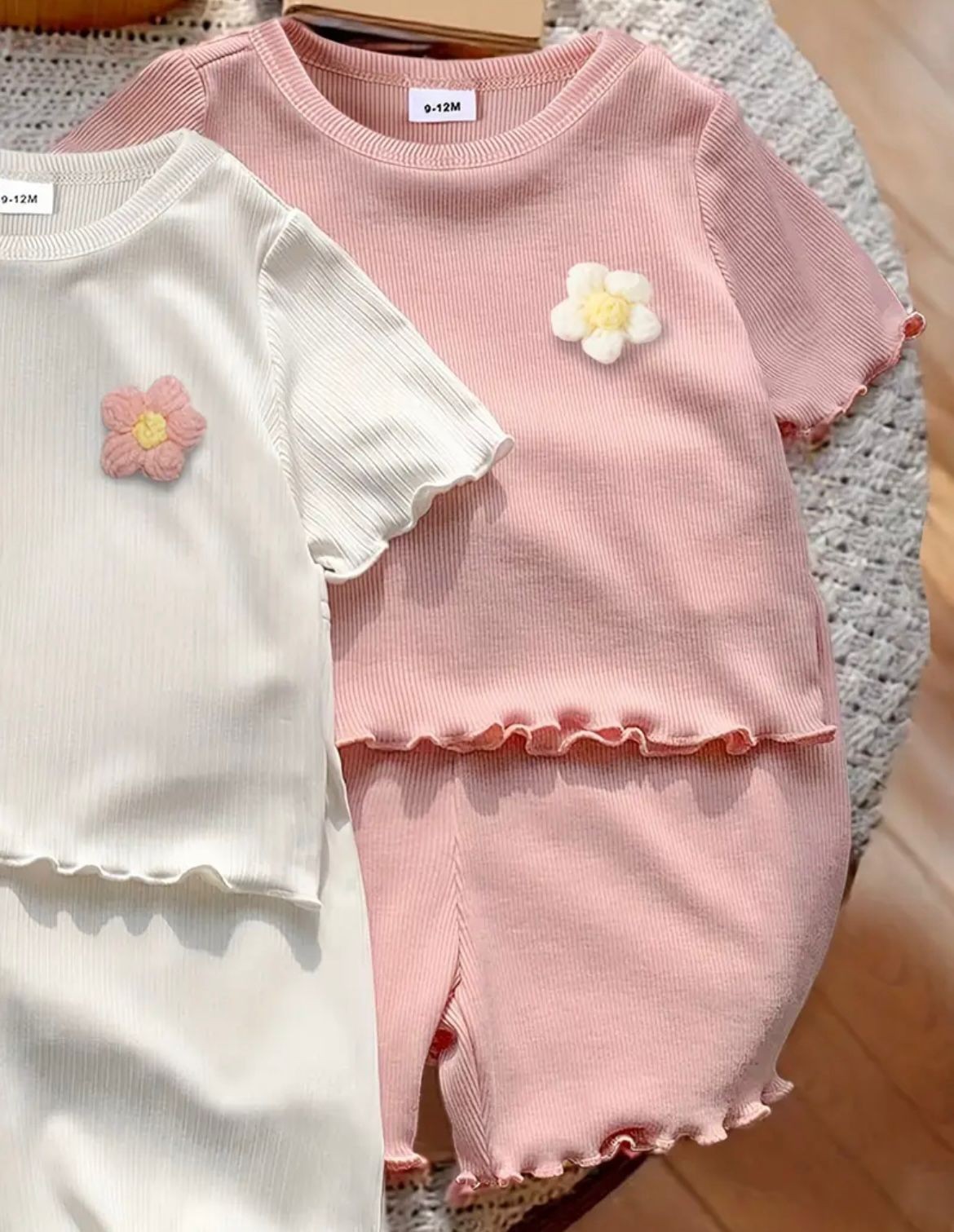 Kız Bebek Çocuk Çiçek Detaylı Pamuklu Kaşkorse Yazlık Takım - Pembe